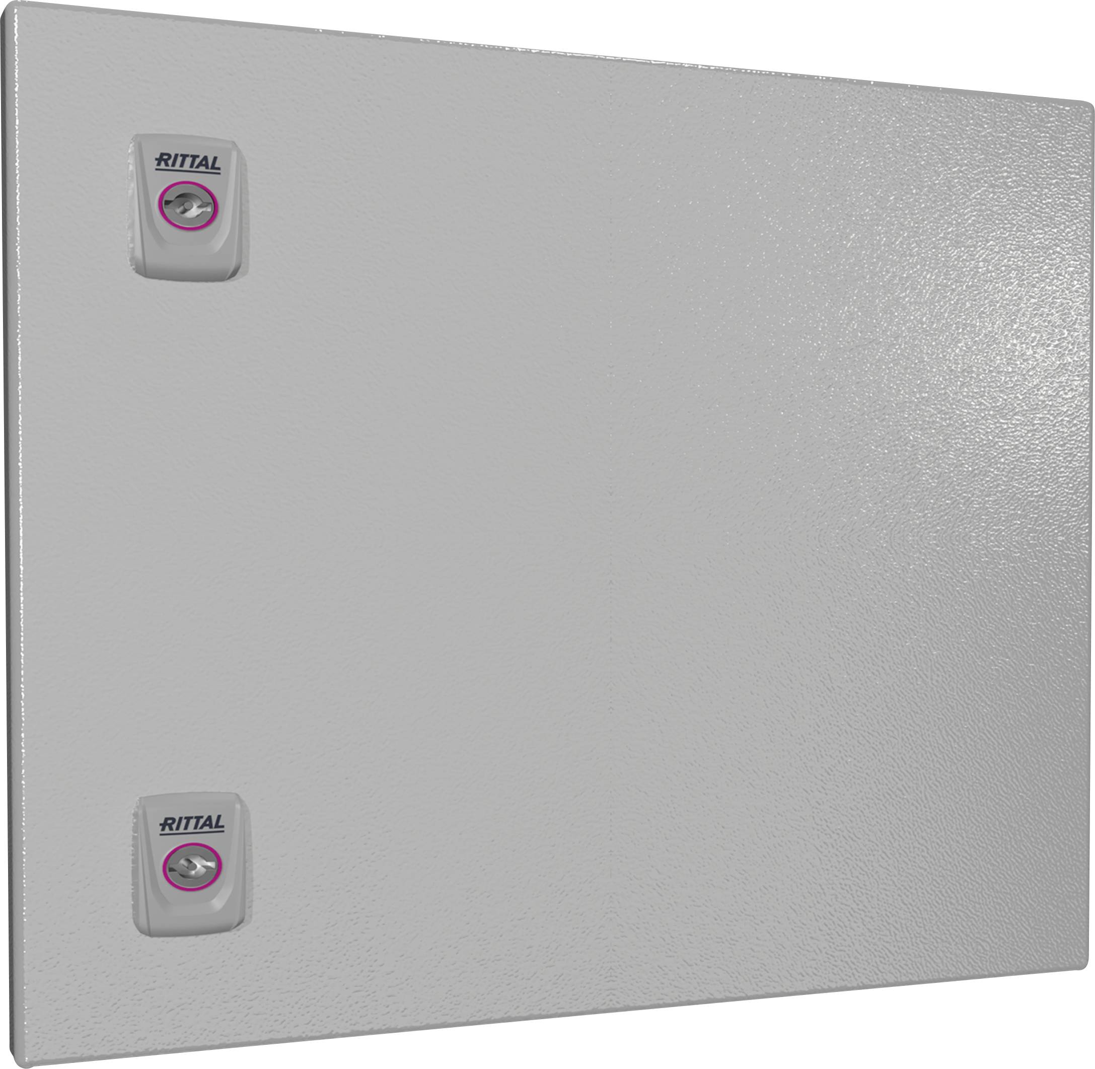 Graue Metallplatte mit zwei Riegeln, jeweils mit der Aufschrift 'Rittal'.