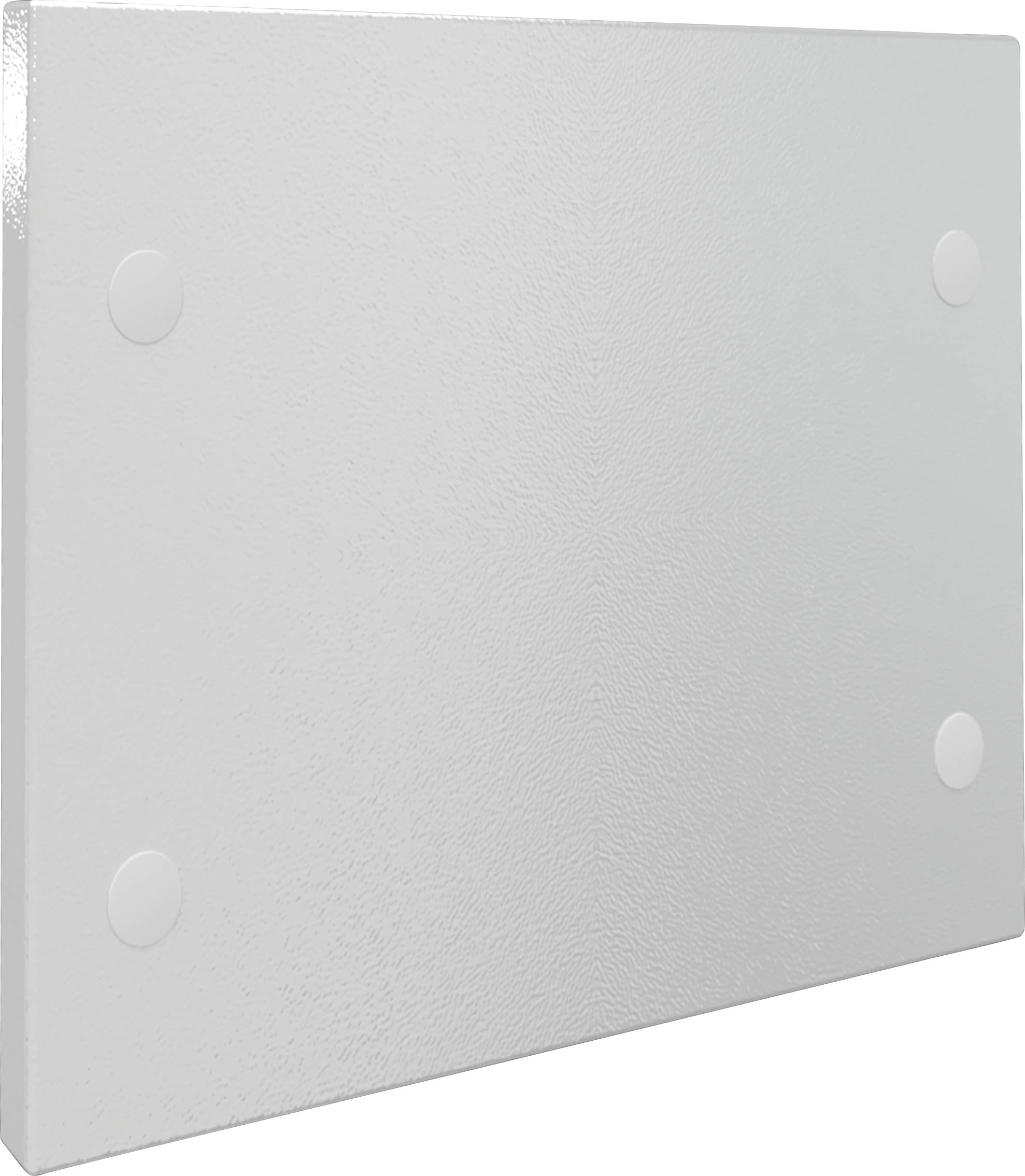 Weiße, flache Metallplatte mit vier runden Befestigungspunkten in den Ecken.