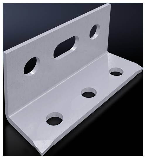 Metallwinkel mit fünf Löchern, geeignet für Tragstrukturen oder Regale, auf schwarzem Hintergrund.
