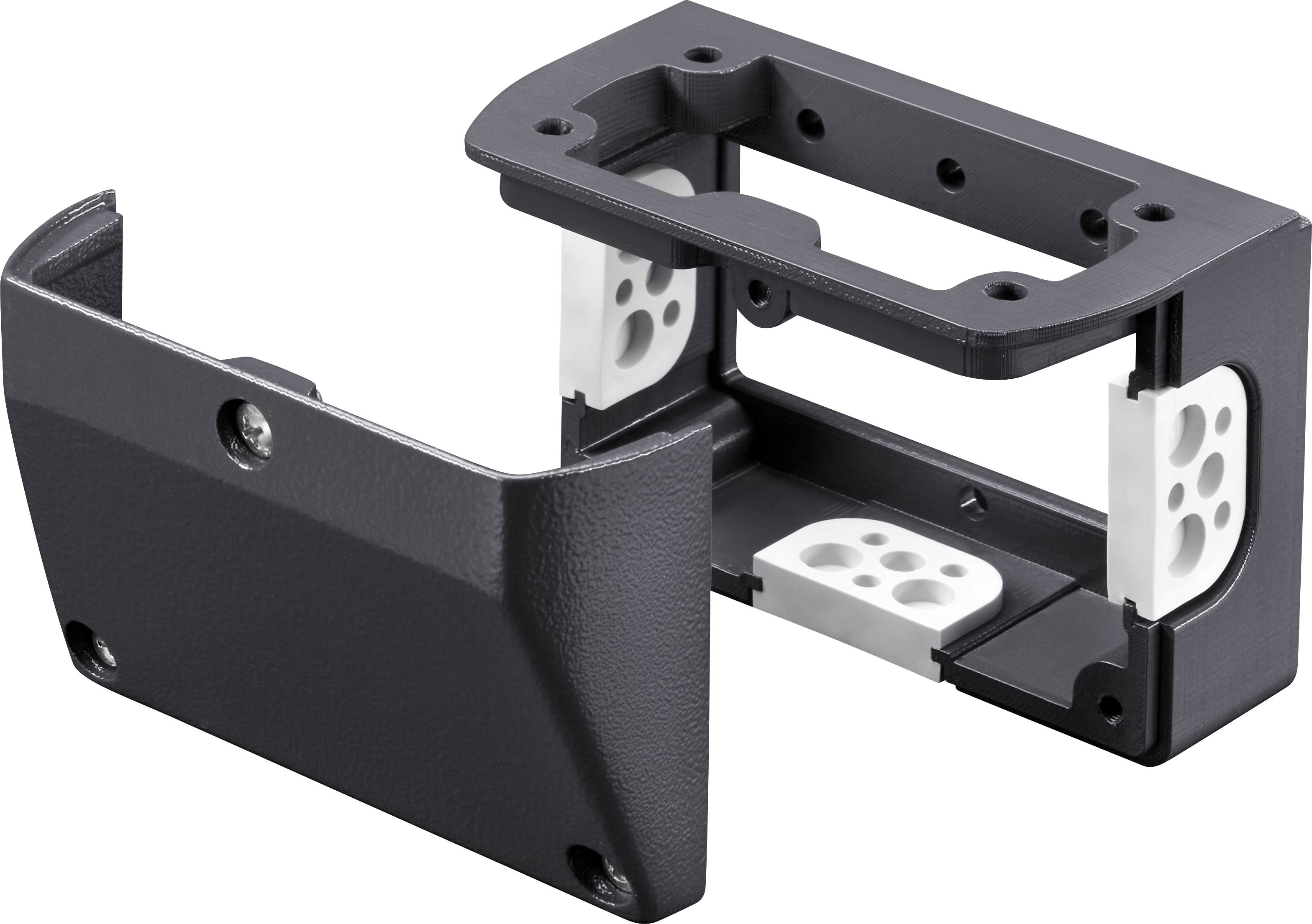 Ein schwarzes, rechteckiges Abdeckungsgehäuse mit abnehmbarer Front- und Rückseite, geeignet zur Installation von Elektronikkomponenten.