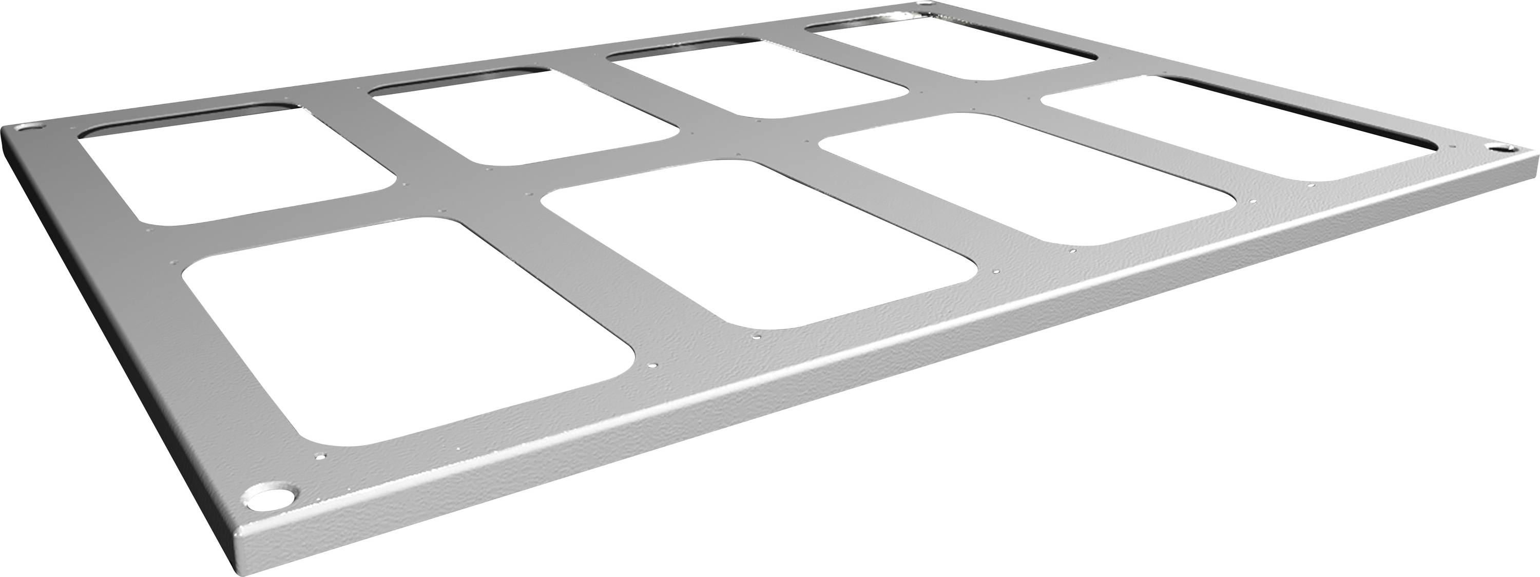 Eine silberne, rechteckige Metallplatte mit sechs rechteckigen Ausschnitten in zwei Reihen, wirkt wie ein strukturelles Bauteil.