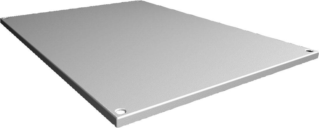 Ein rechteckiges, alleiniges Metallblech mit abgerundeten Ecken und Schraublöchern an den Ecken, vor weißem Hintergrund.