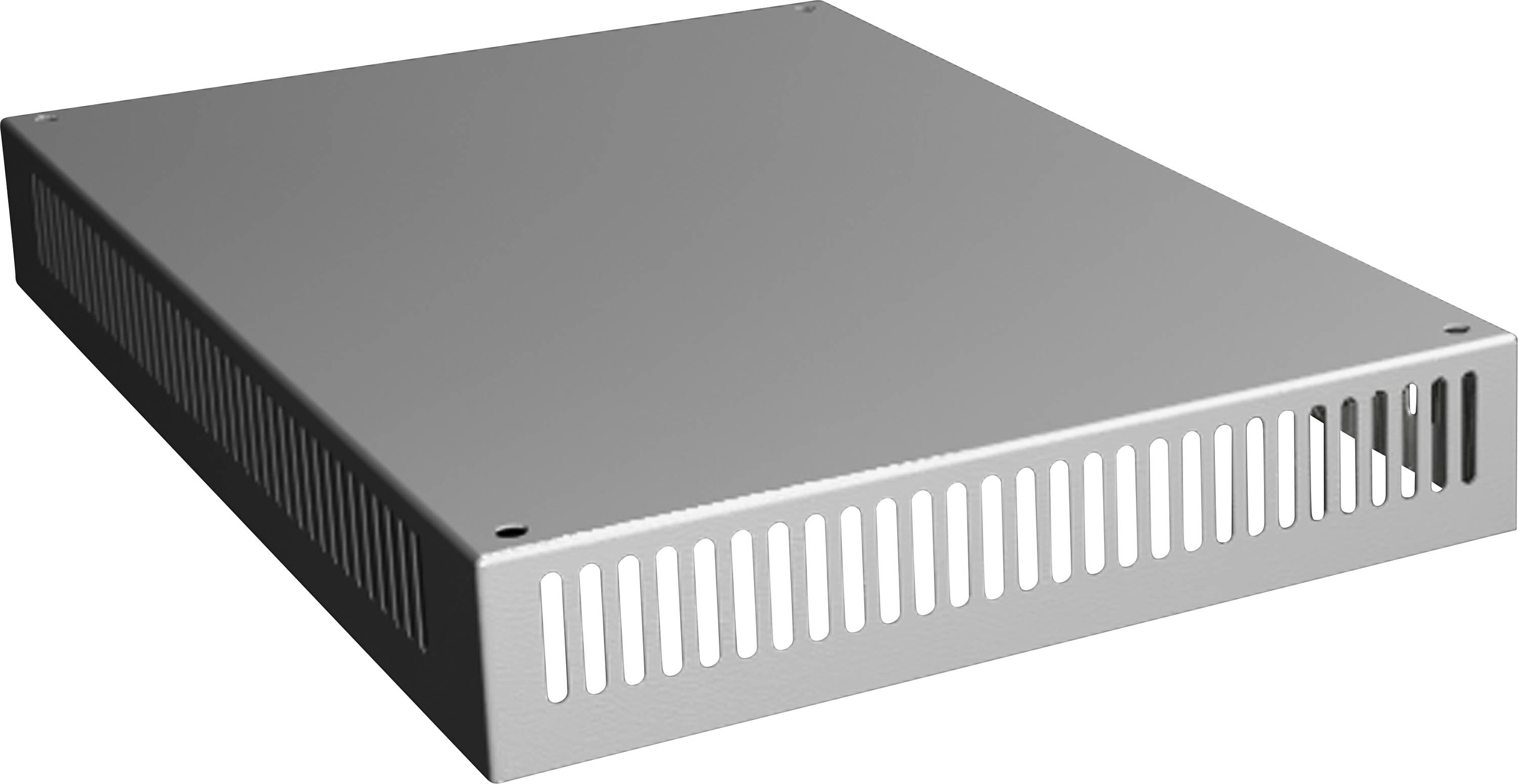 Ein rechteckiges Metallgehäuse mit Lüftungsschlitzen auf einer Seite, verwendet zur Belüftung oder als Teil eines elektronischen Geräts.