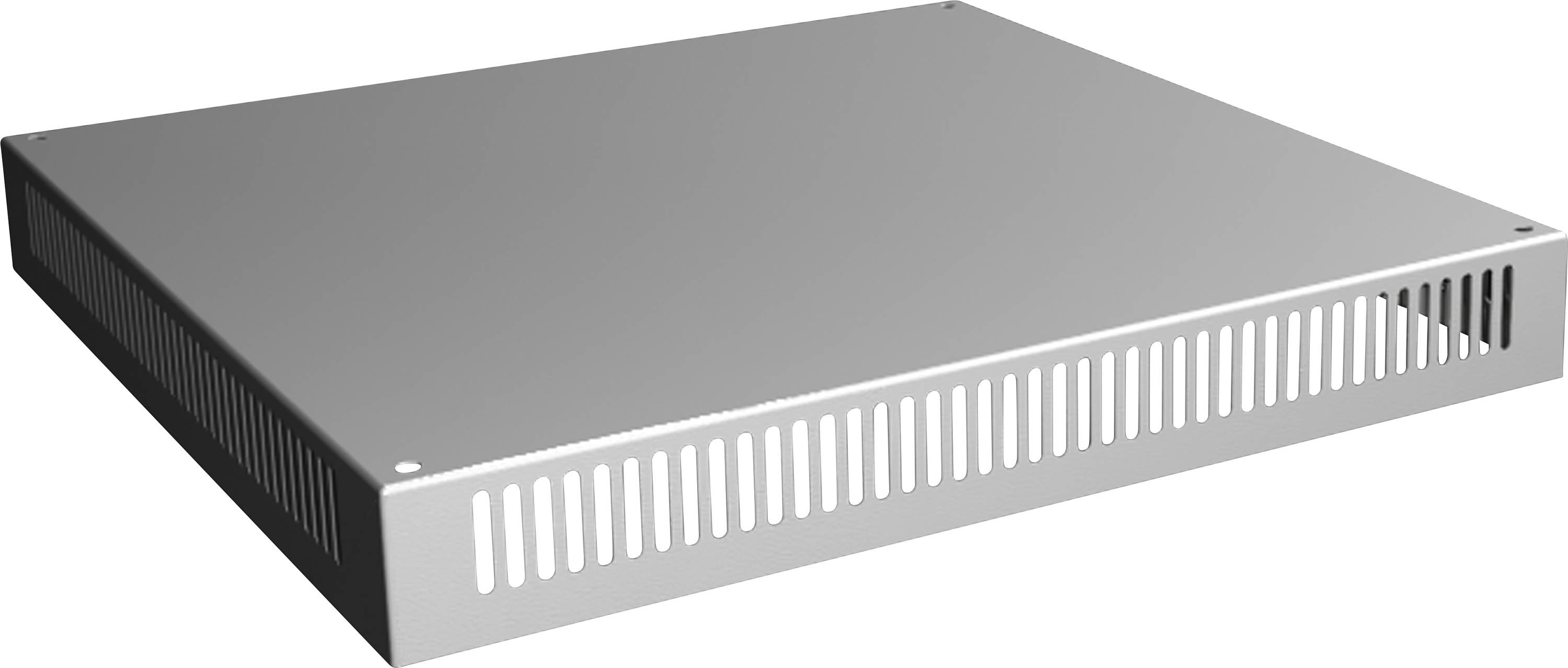 Rechteckige Metallplatte mit Lüftungsschlitzen, möglicherweise Teil eines Möbelstücks oder Gehäuses, vor weißem Hintergrund.