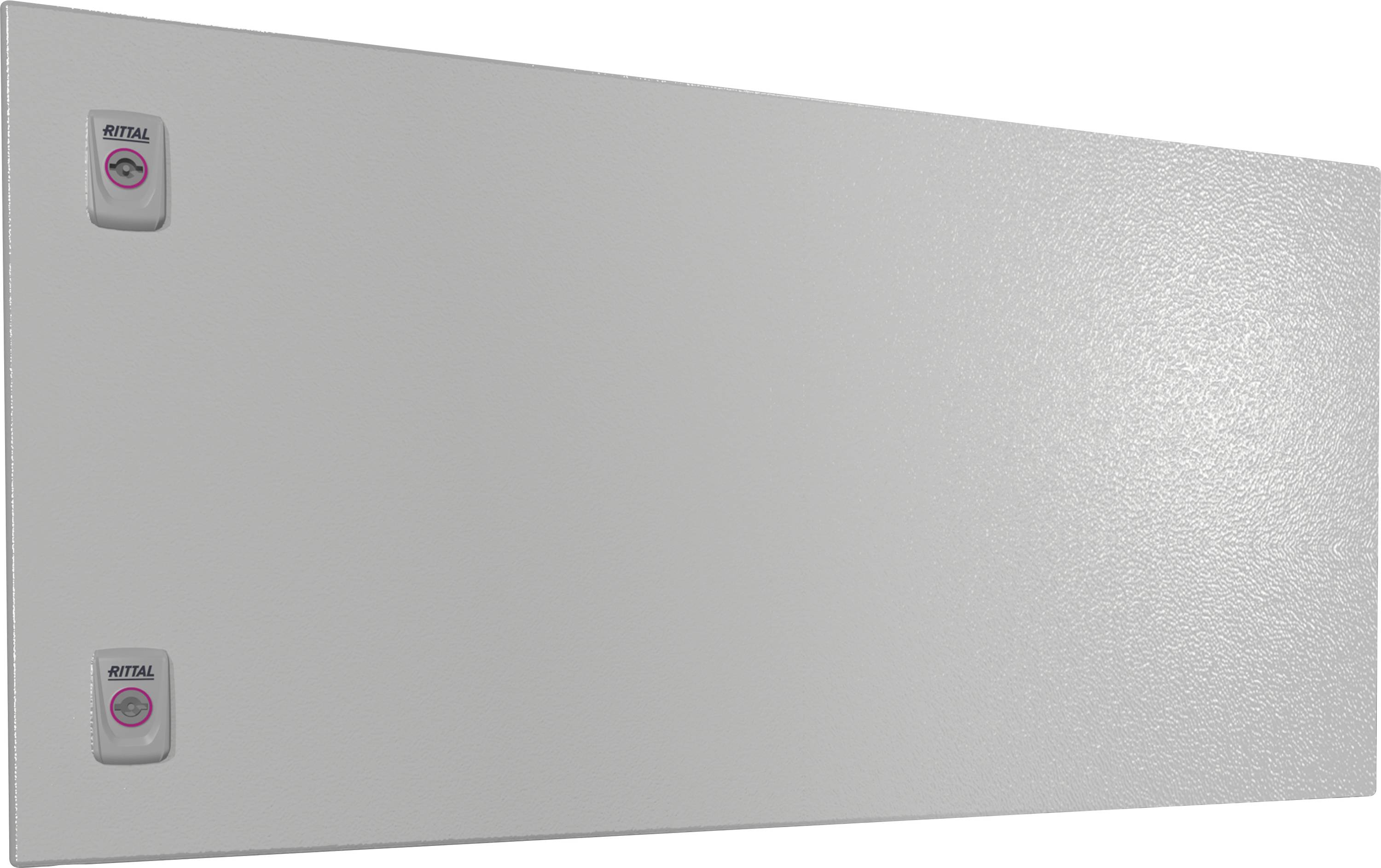 Metallisches Gehäusepanel mit zwei kleinen vertikalen Schildern auf der linken Seite. Entworfen für industrielle Anwendungen.