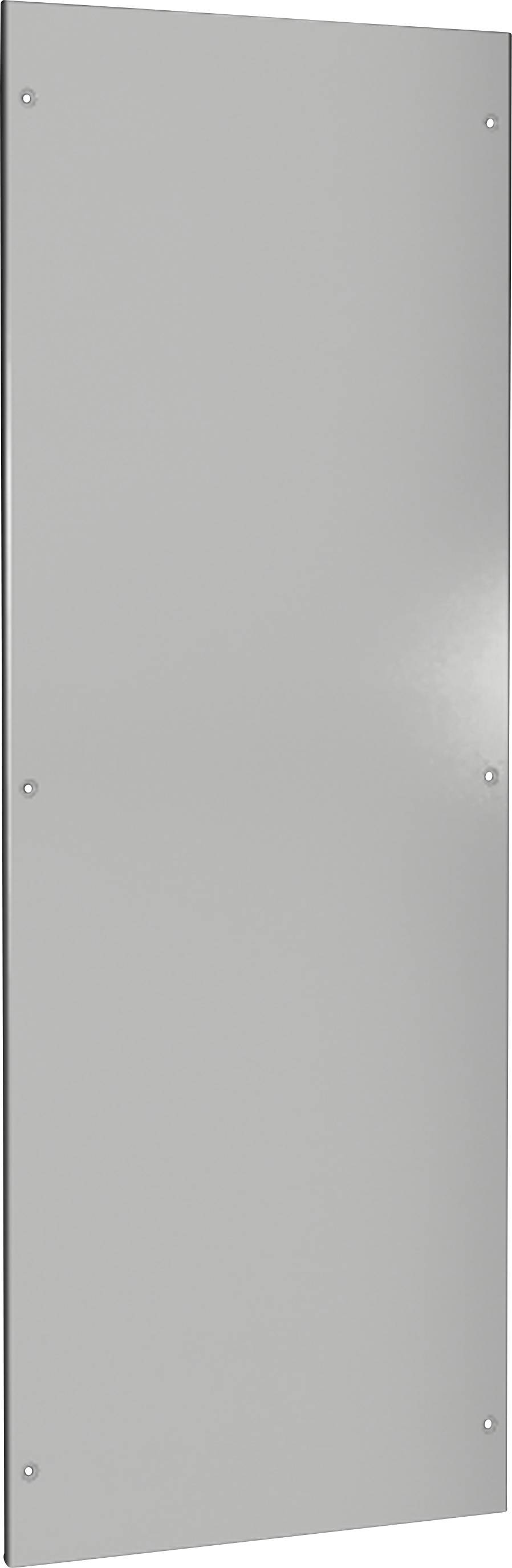 Graue, rechteckige Metallplatte mit sechs sichtbaren Schrauben an den Rändern.