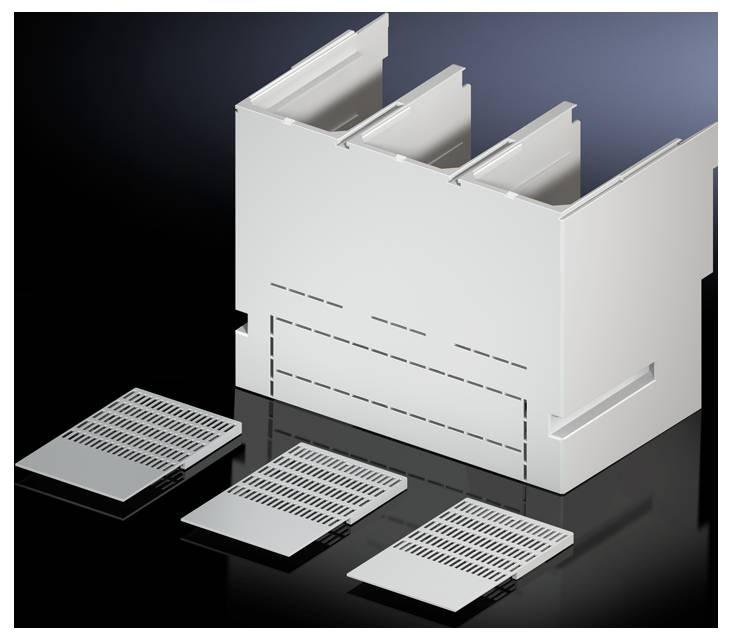 Ein weißes, rechteckiges Gehäuse mit drei parallel angeordneten Schlitzen und drei abnehmbaren, gelochten Abdeckplatten davor.