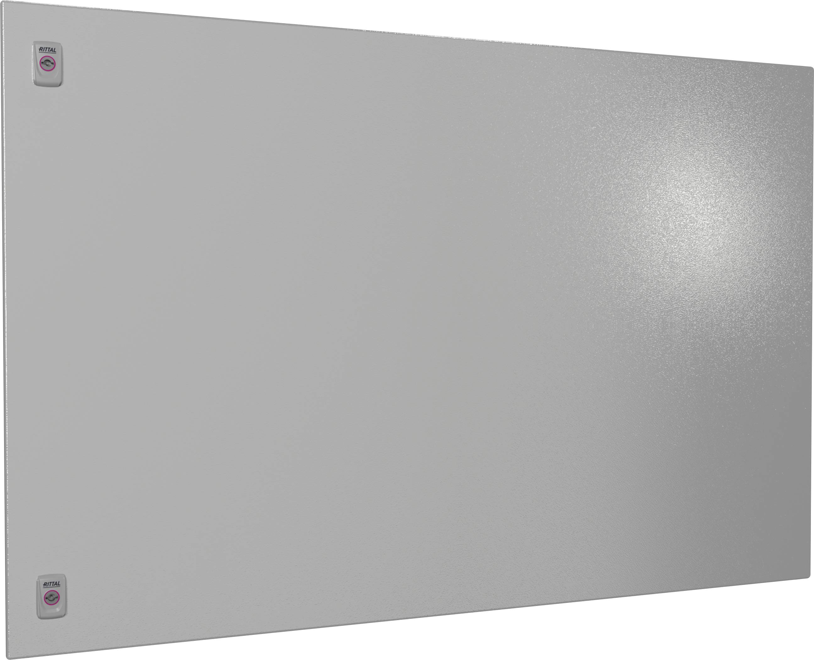 Graue rechteckige Metallplatte mit zwei kleinen roten Knöpfen an beiden Ecken auf der linken Seite.