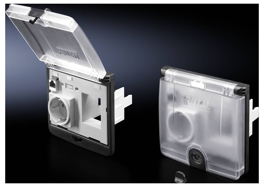 Zwei Schutzabdeckungen mit transparenten Klappen, eine offen und eine geschlossen, zeigen das Innenleben und die Schutzfunktion.