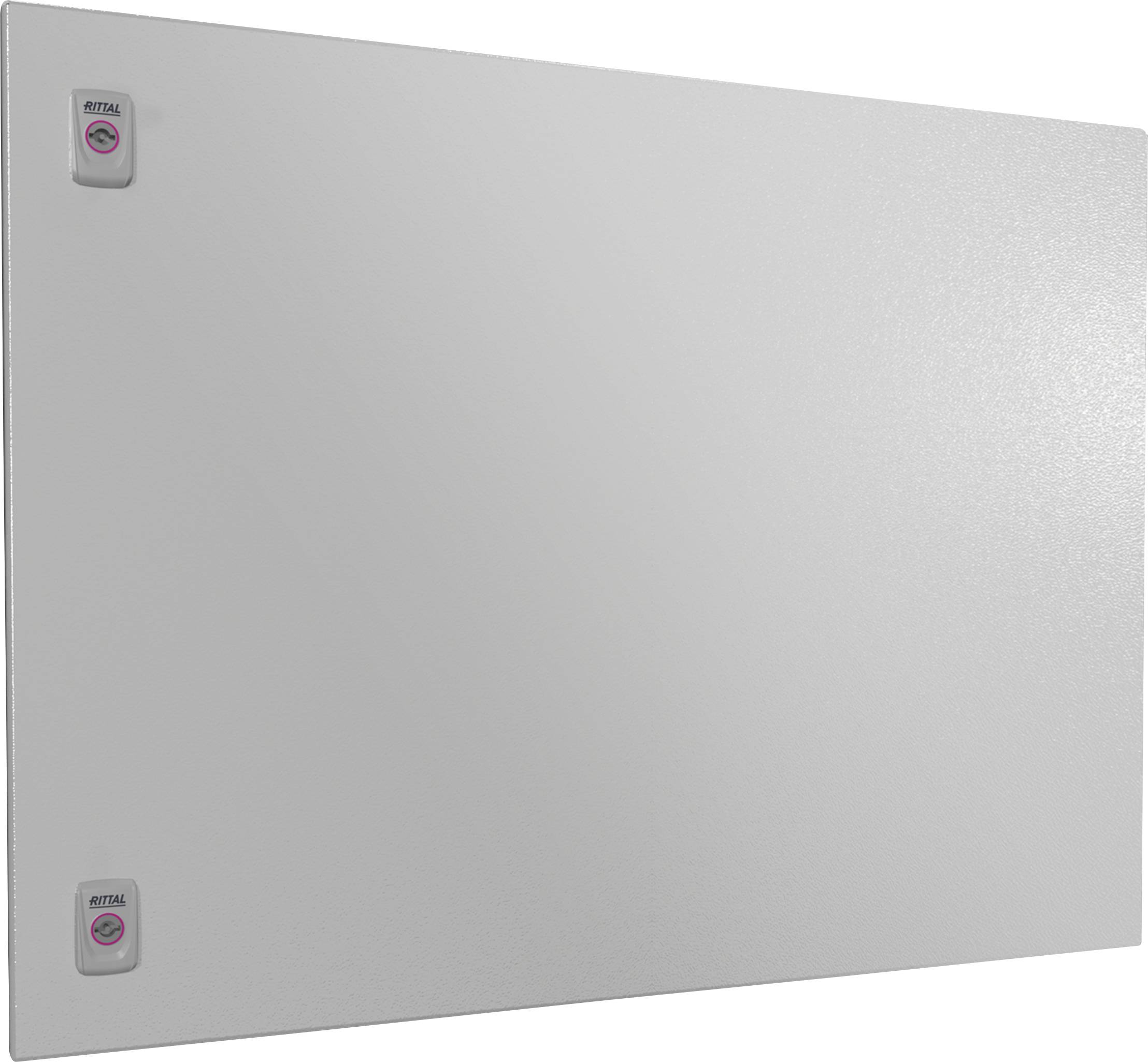 Ein rechteckiges, grau-metallisches Paneel mit zwei kleinen, quadratischen Elementen in der oberen linken Ecke.