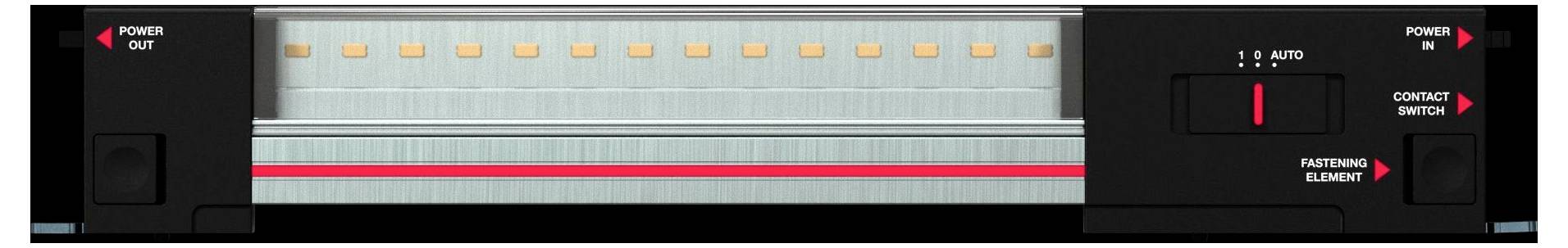 Diagramm einer modularen Maschinenförderanlage/Führungsschiene mit beschrifteten Teilen, einschließlich Stromunterbrechung, Kontaktschalter und Befestigungselement.