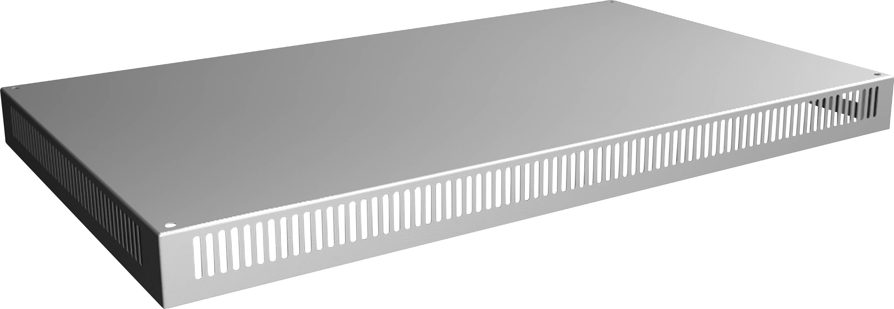 Ein grauer, rechteckiger Metalllüfter, verwendet zur Belüftung in Regalsystemen.
