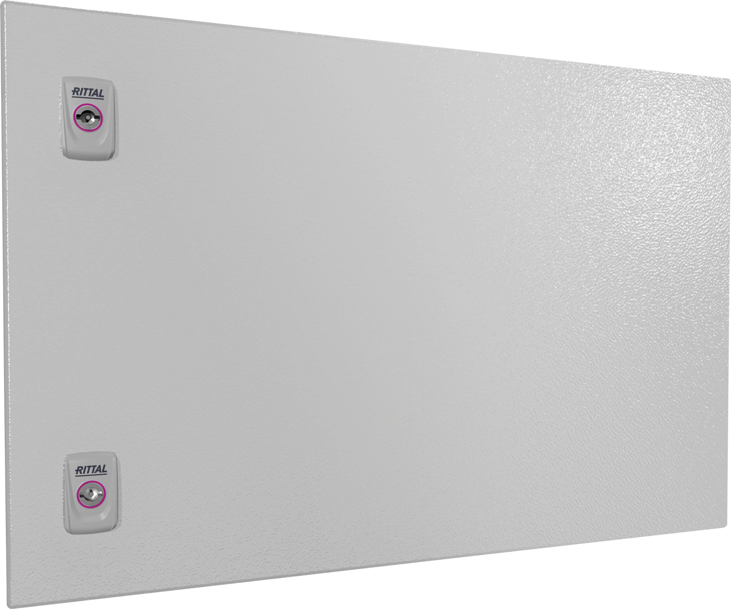 Metallschranktür mit zwei 'RITTAL'-Schlössern links; schlichte weiße Oberfläche, geeignet für industrielle oder elektrische Anwendungen.