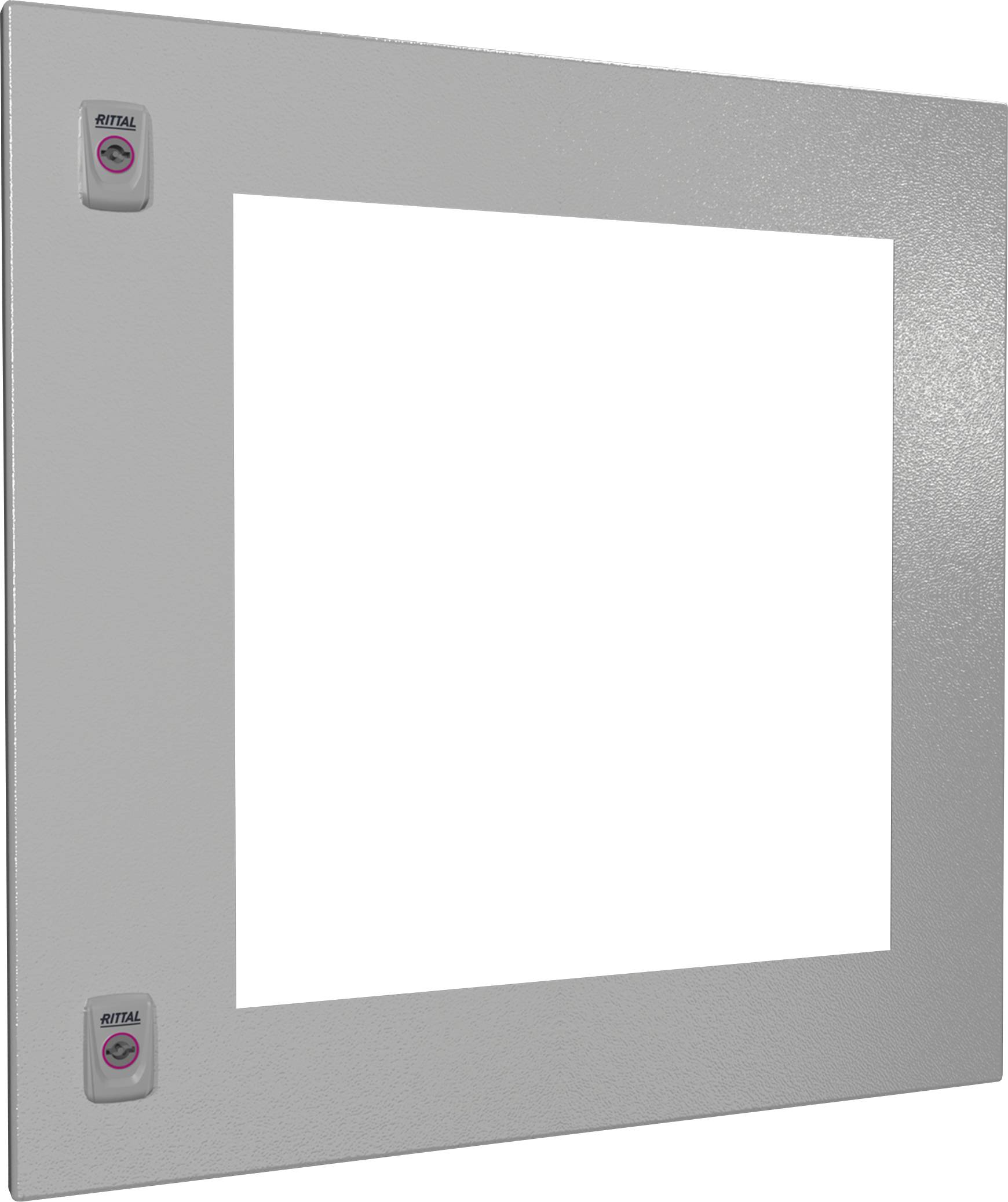Graues Metallpanel mit quadratischer Öffnung in der Mitte, zwei Schalter mit 'Rittal'-Logo oben und unten links.