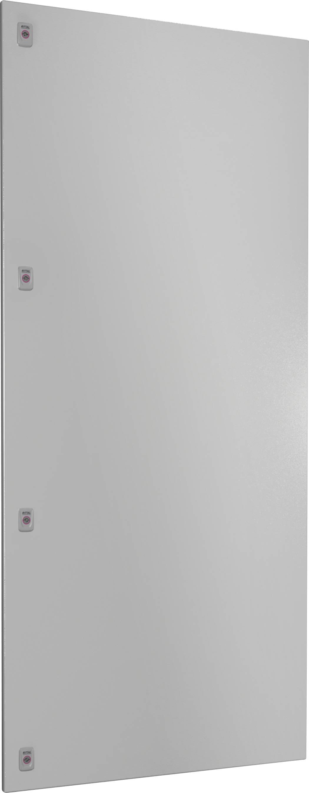 Graues, rechteckiges Metallpaneel mit vier kleinen roten Tastern auf der linken Seite, gleichmäßig verteilt.