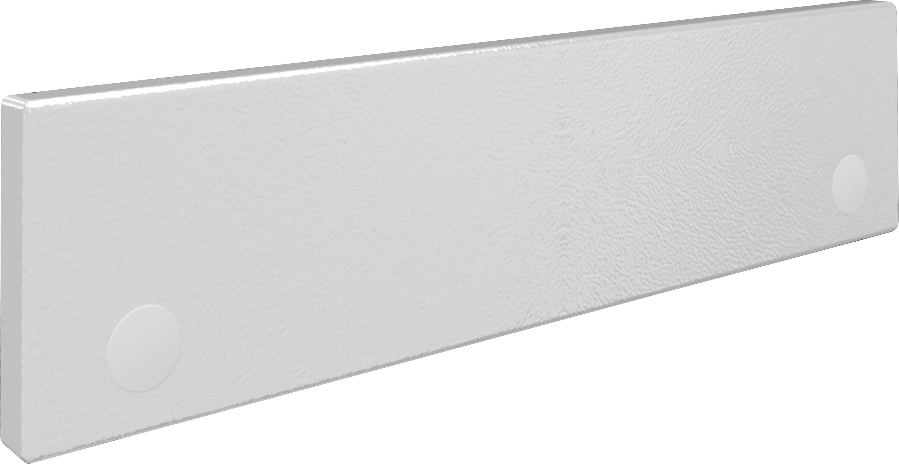 Rechteckiger, silberfarbener Metallbalken mit zwei runden Aufklebern an den Enden auf grauem Hintergrund.