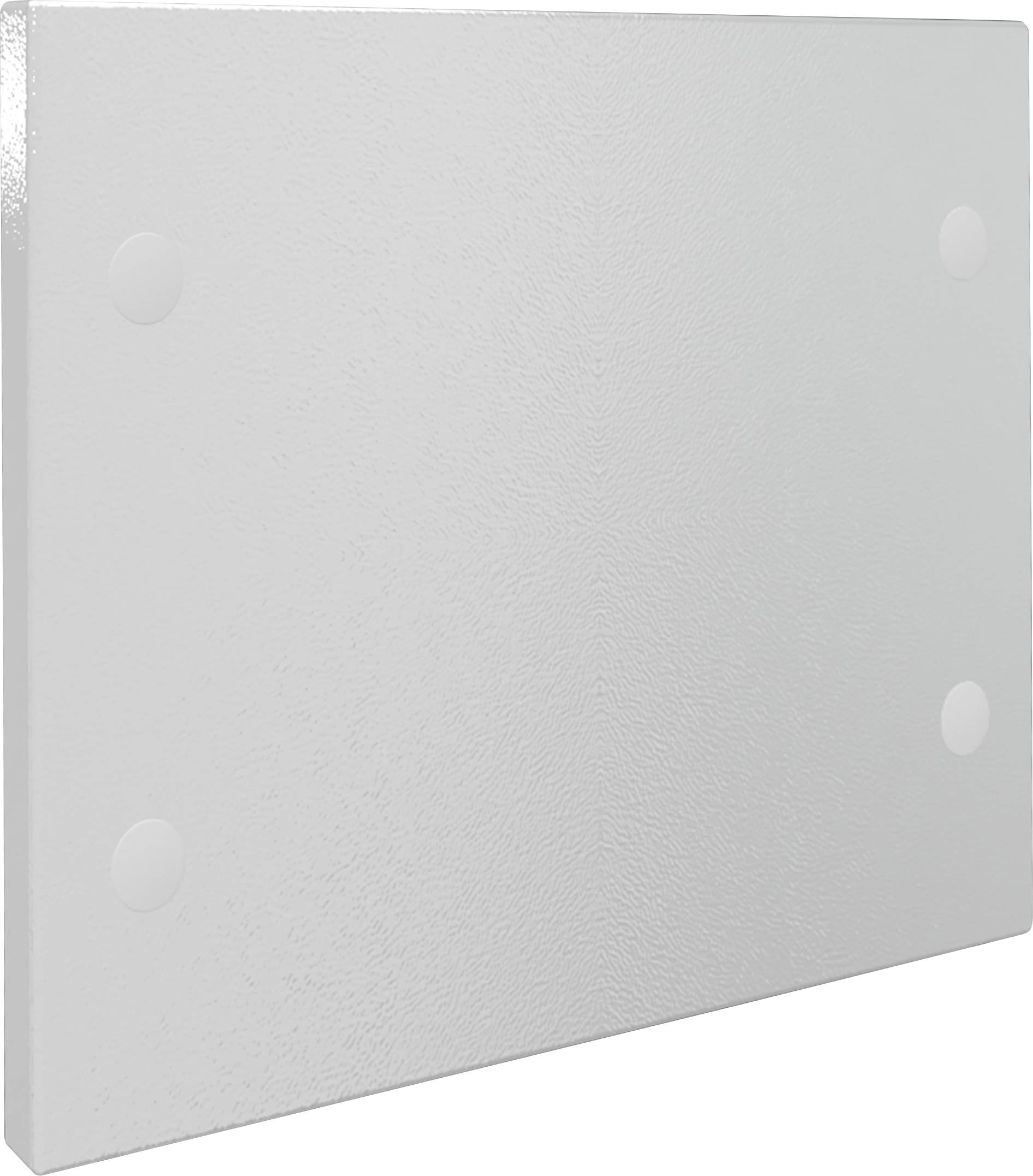 Ein rechteckiges, weißes Panel mit abgerundeten Ecken und texturierter Oberfläche. Es hat vier runde Punkte an jeder Ecke.
