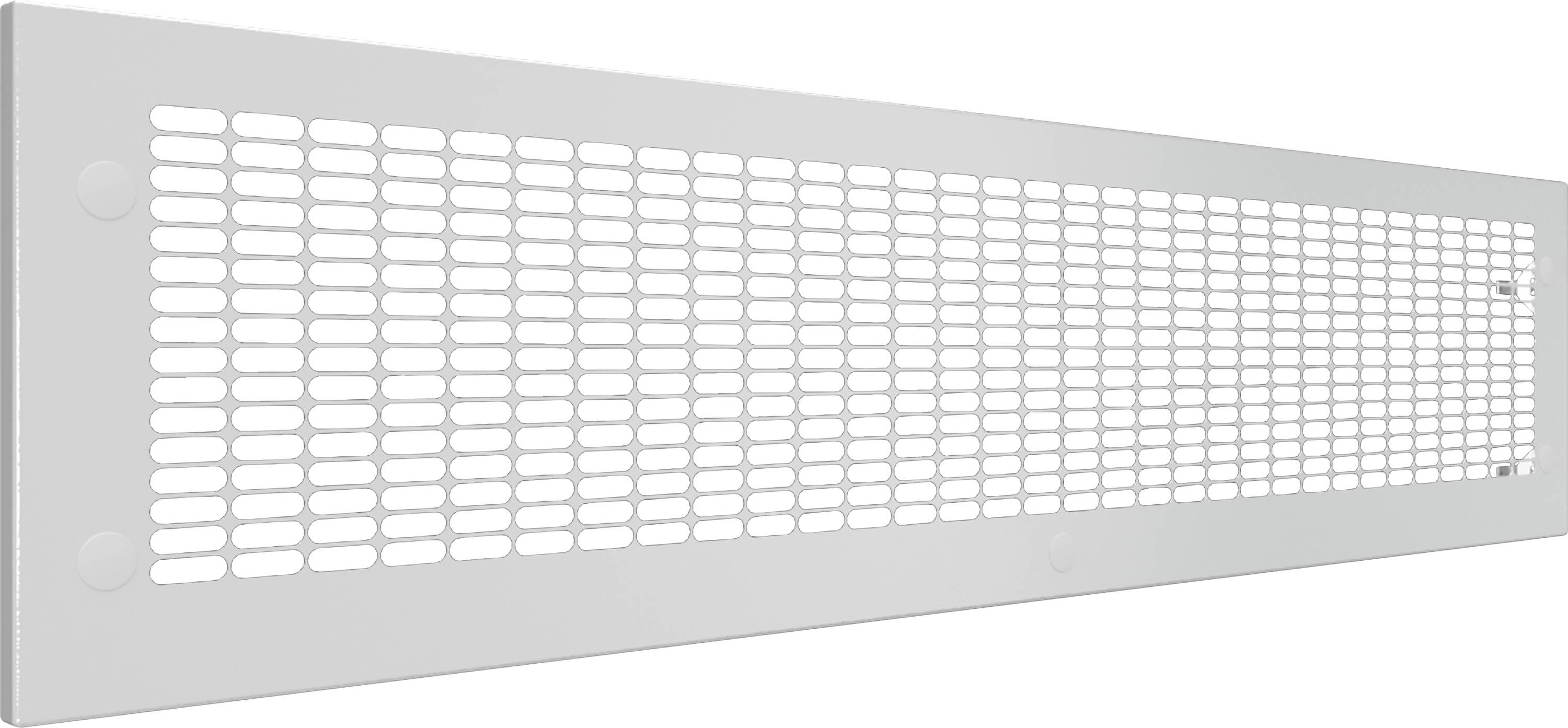 Ein langer, rechteckiger, weißer Lüftungsgitter mit gleichmäßig verteilten, ovalen Öffnungen. Strukturiert und funktional.