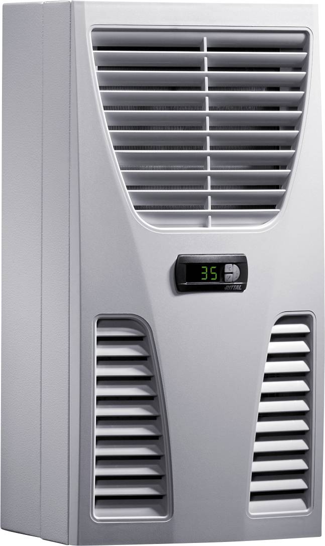 Eine graue Klimaanlage mit digitalen Anzeige zeigt '35' an. Luftschlitze oben und unten.