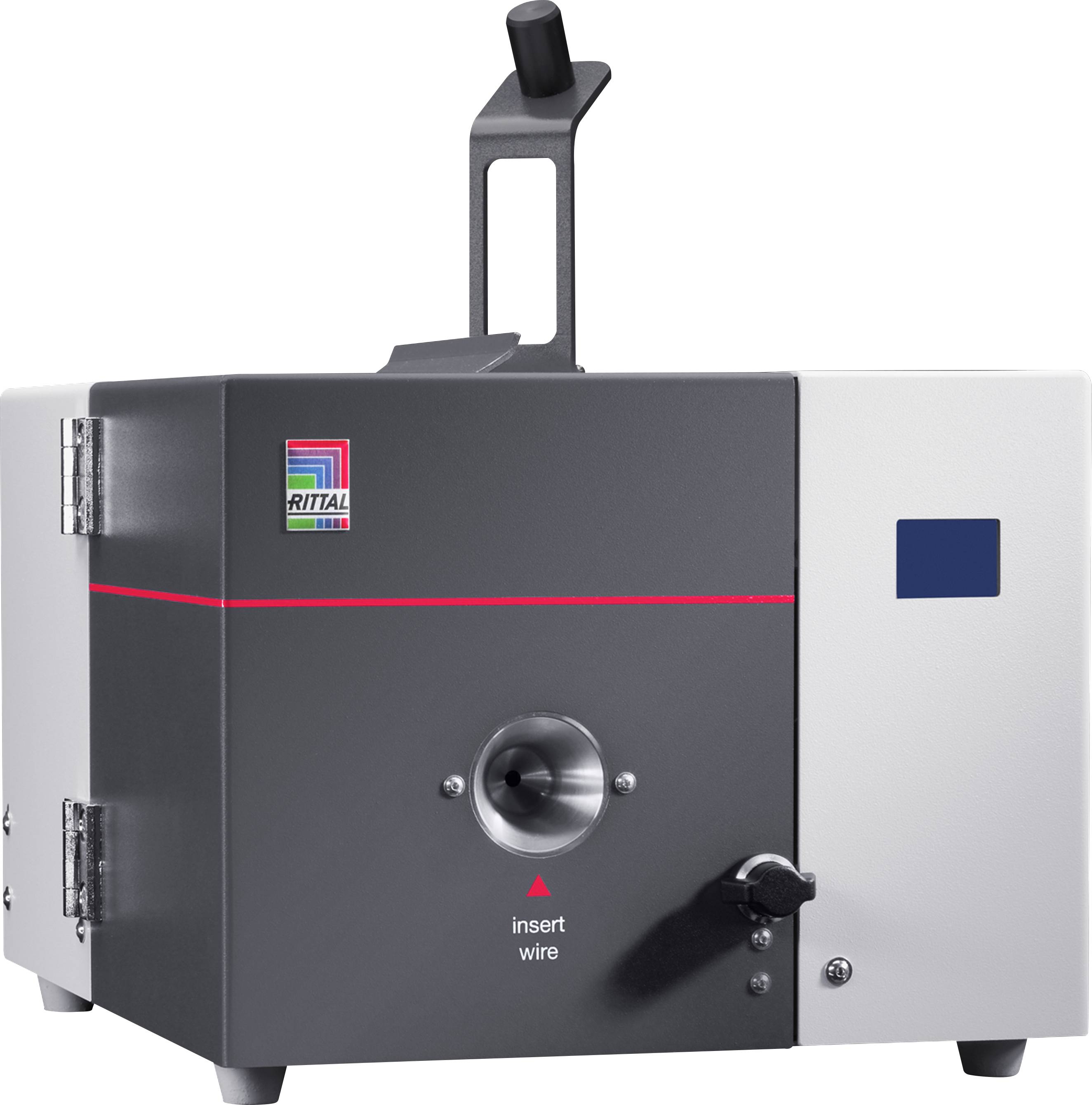 Elektrisches Crimpgerät von Rittal, kompakt und metallisch, mit Hebelgriff und Einführungsöffnung für Drähte an der Vorderseite.