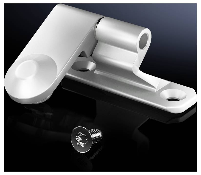 Metallscharnier mit zwei Schraubenlöchern und separater Schraube auf schwarzem Hintergrund. Entworfen für stabile Verbindung in Möbeln.