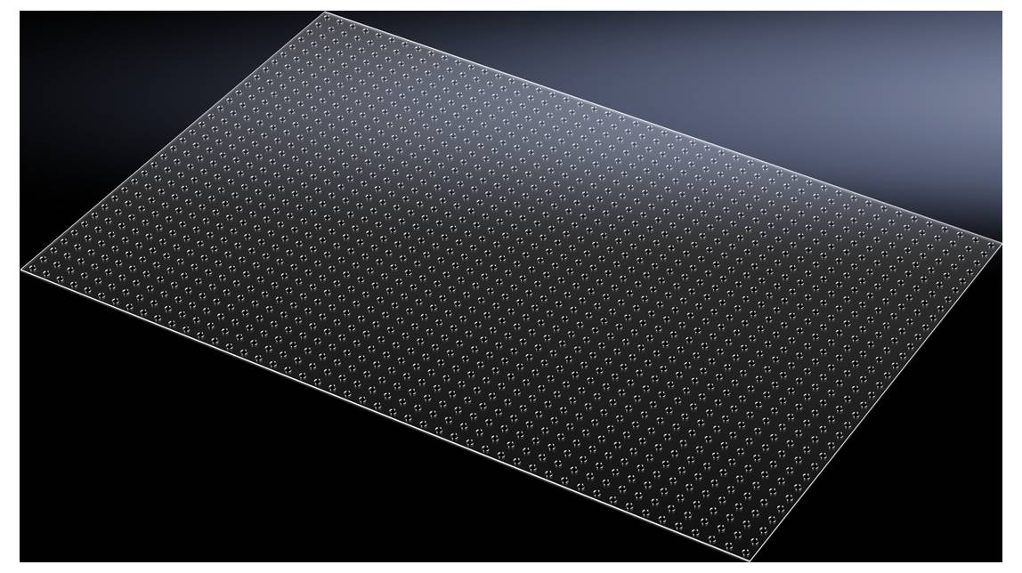 Eine rechteckige, transparente Platte mit gleichmäßig verteilten kleinen Punkten darauf, auf einem dunklen Hintergrund.