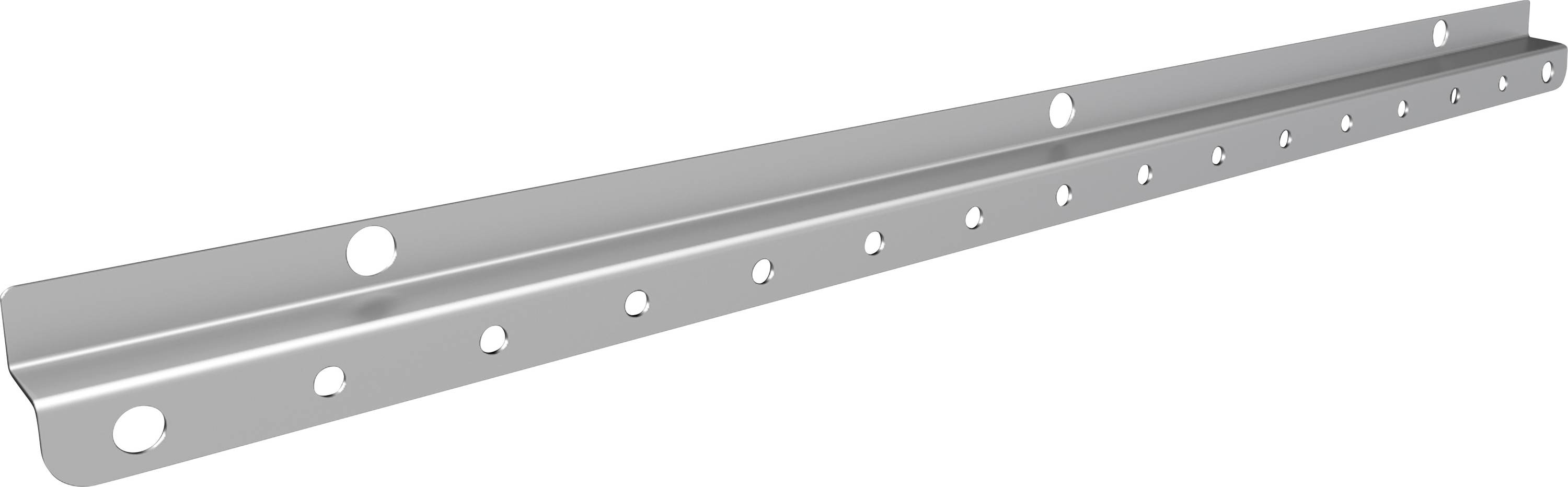 Metallschiene mit gleichmäßig verteilten Löchern, seitlicher Blickwinkel. Geeignet für Montagezwecke oder als Befestigungselement.
