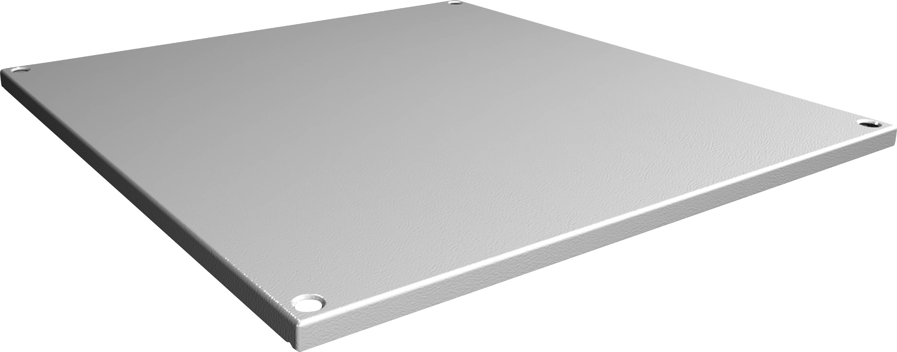 Eine rechteckige Metallplatte mit flachen Kanten und Löchern in den Ecken, womöglich zur Befestigung geeignet.