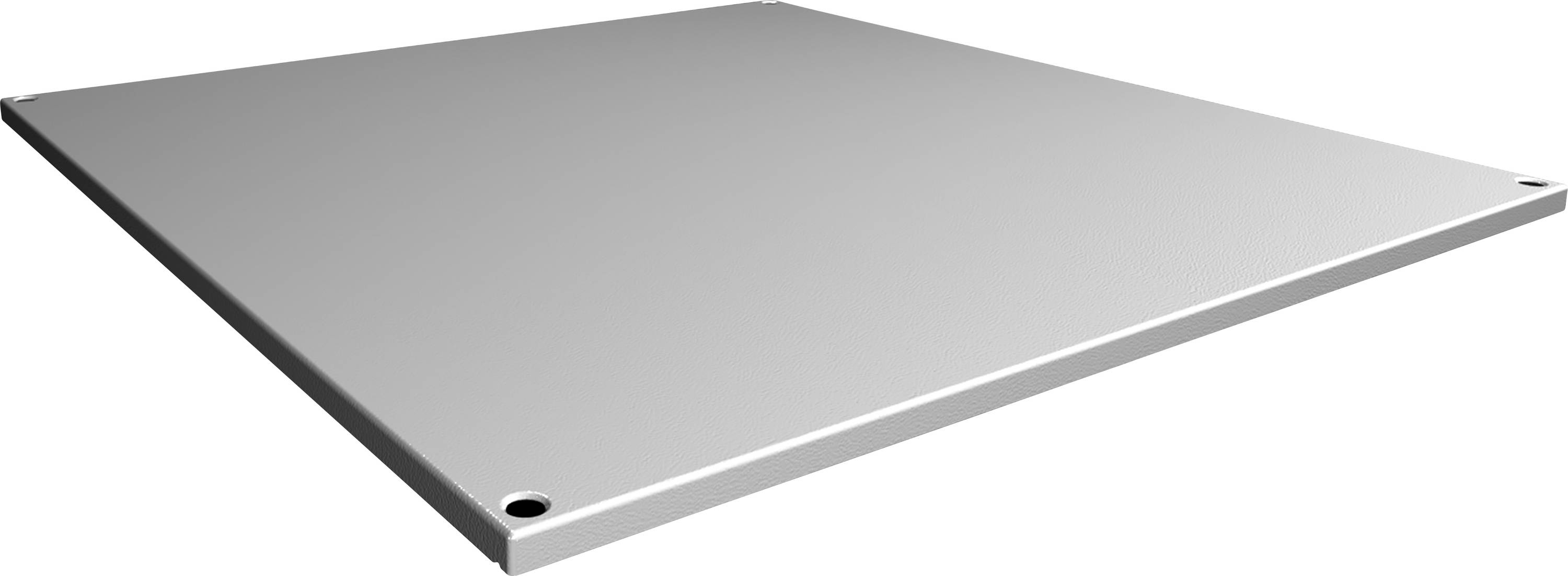 Graue Metallplatte mit abgerundeten Ecken und Befestigungsbohrungen an den Ecken.