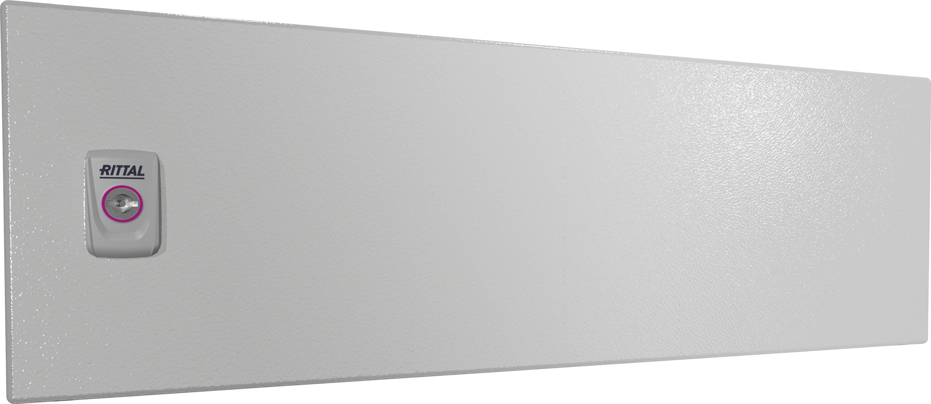 Grauer Metallschrank mit einem Schlüsselschloss auf der linken Seite.