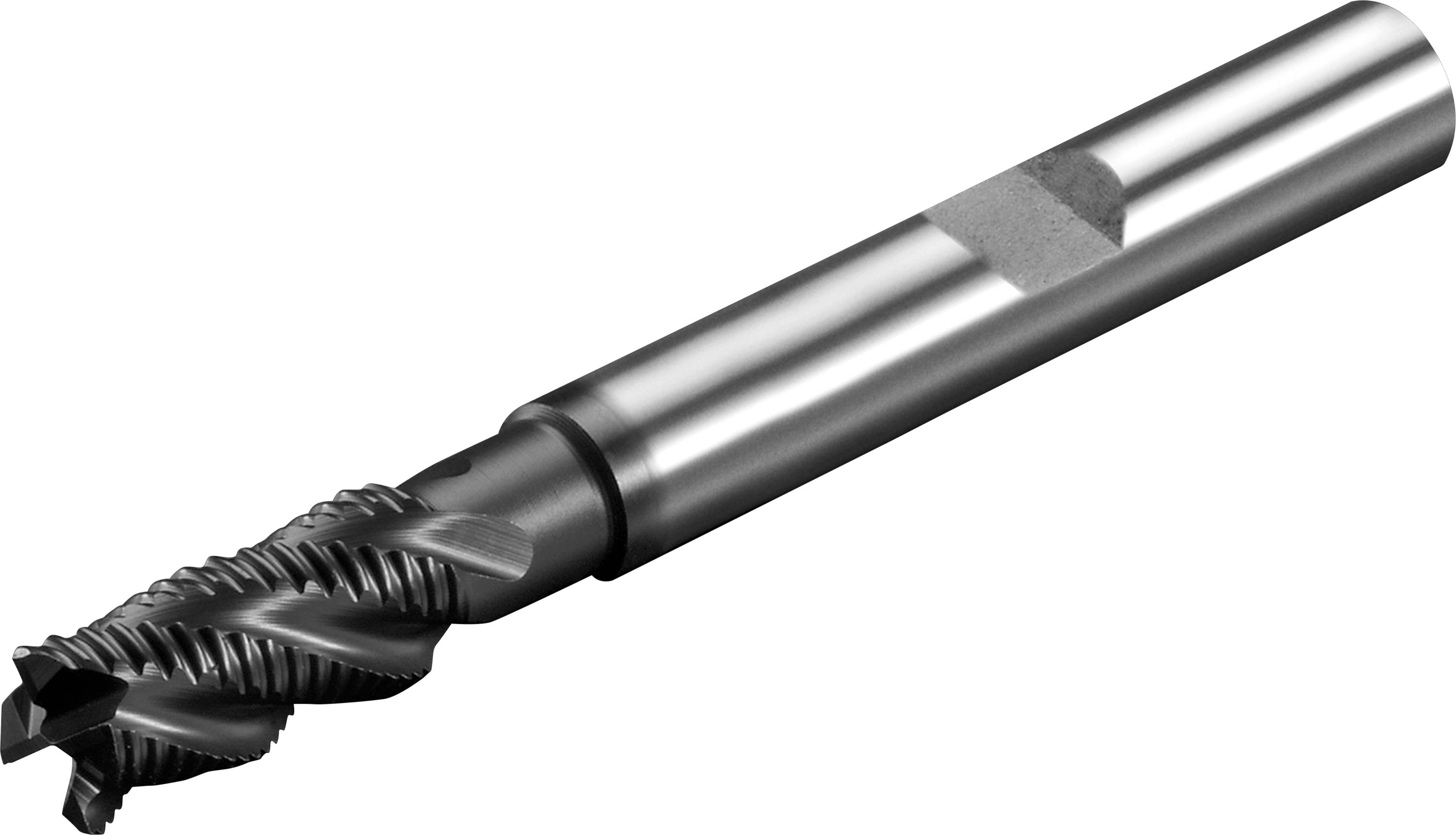 Ein metallischer Fräser mit scharfen, spiralförmigen Klingen. Geeignet für präzise Schneidearbeiten in der Metallbearbeitung.