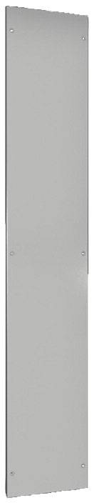 Einfaches, rechteckiges, graues Metallblech, vertikal angeordnet, ohne sichtbare Beschriftung oder Design.