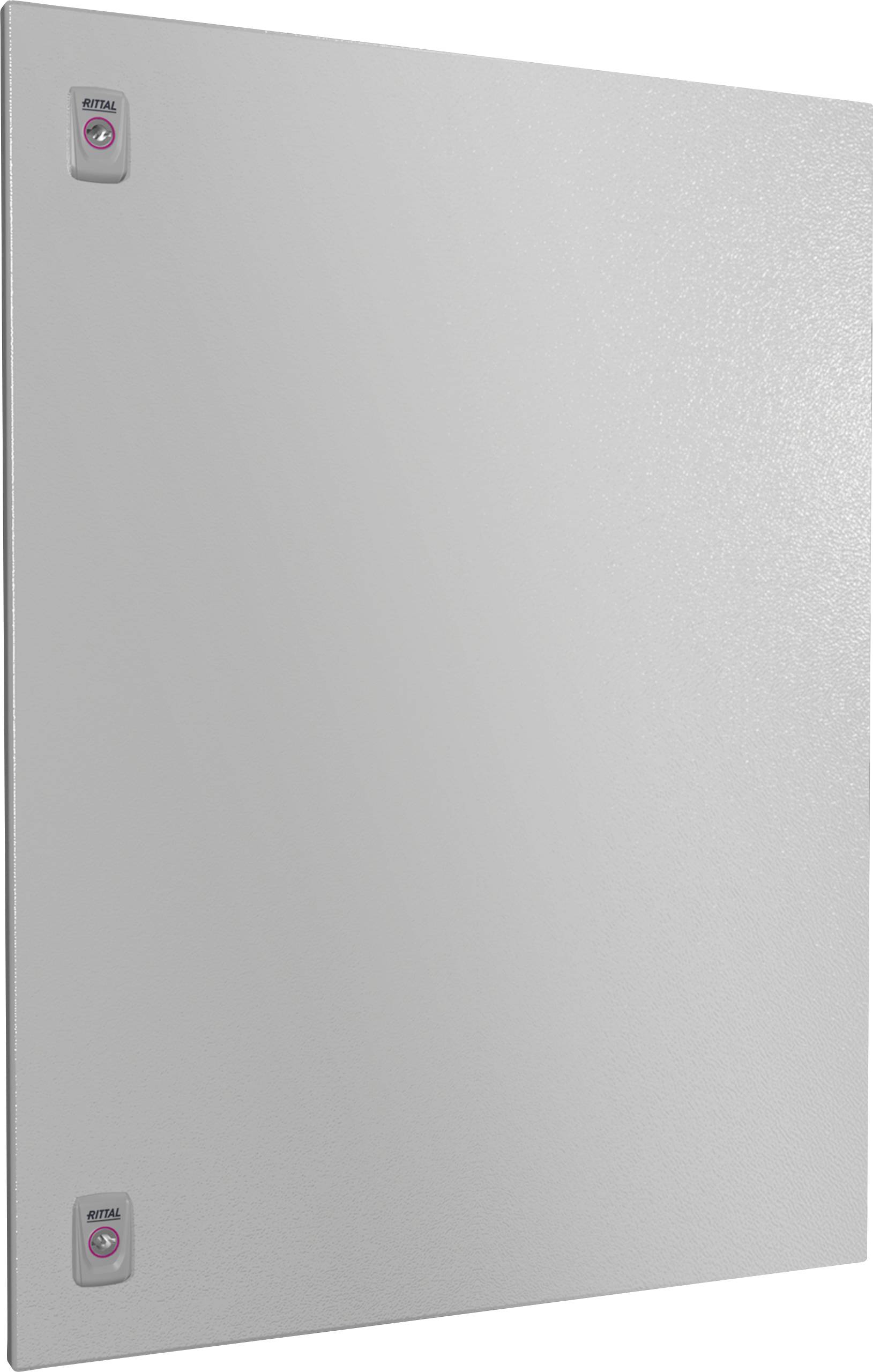 Ein rechteckiges, graues Metal Panel mit zwei vertikalen Tasten an der linken Seite.