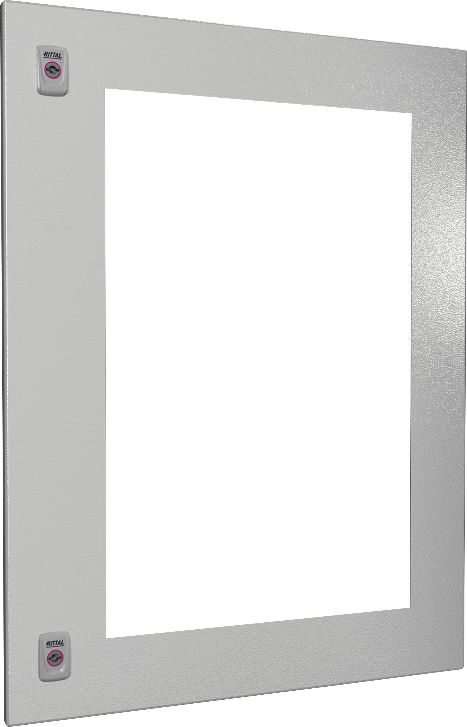 Ein rechteckiger Metallrahmen mit zwei kleinen Tasten in den oberen und unteren Ecken.