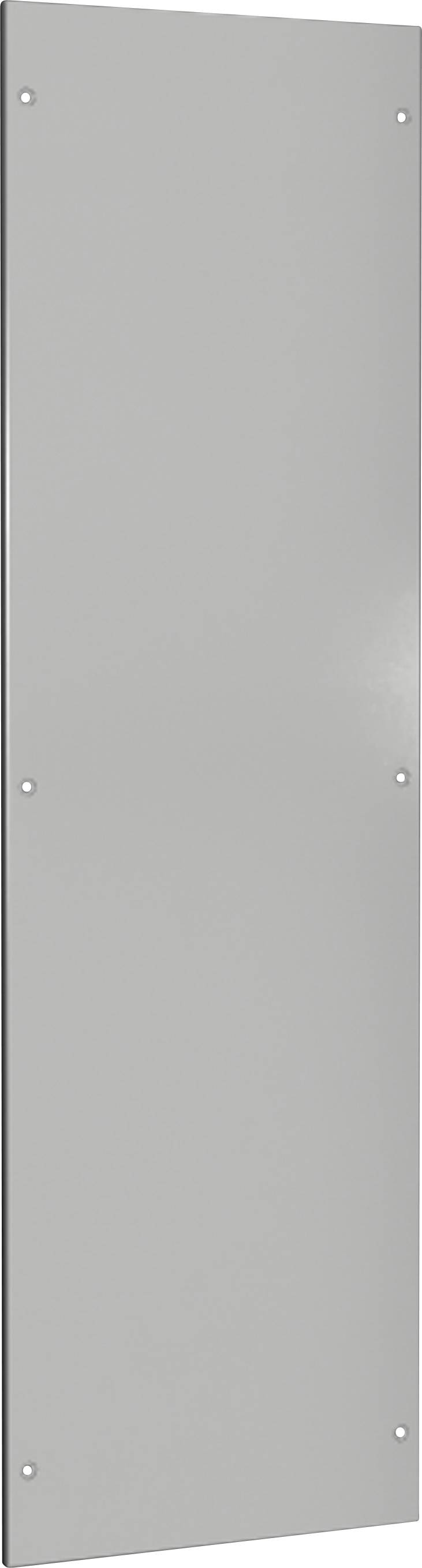 Graue rechteckige Metallplatte mit abgerundeten Ecken und Schrauben an den Ecken zur Befestigung.