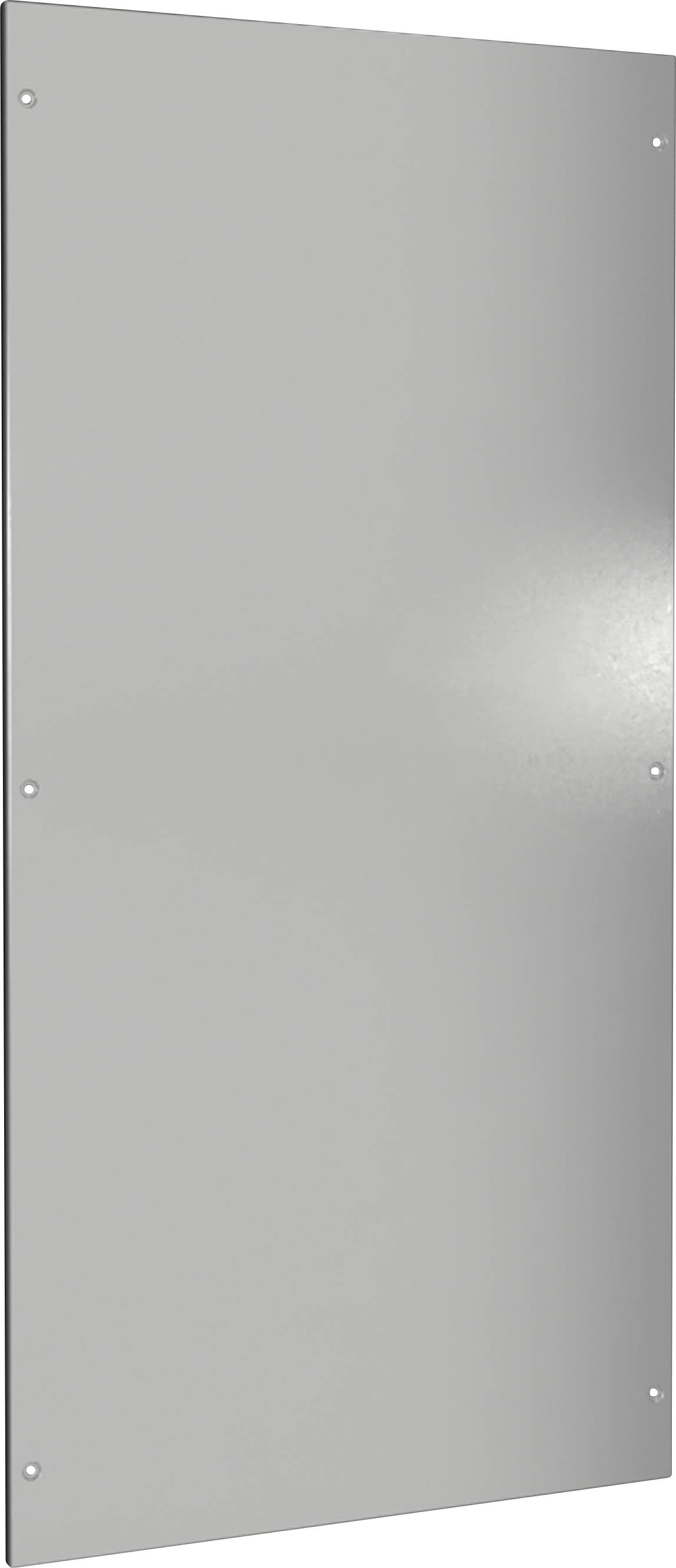 Silberne Metallplatte mit sechs Befestigungsschrauben in zwei vertikalen Reihen.