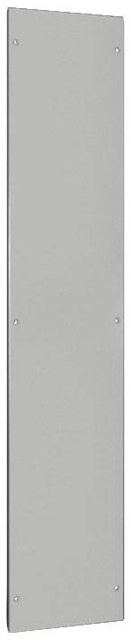 Eine schmale, rechteckige, graue Metallplatte mit sichtbaren Schrauben an den Ecken, möglicherweise zur Abdeckung oder zum Schutz verwendet.