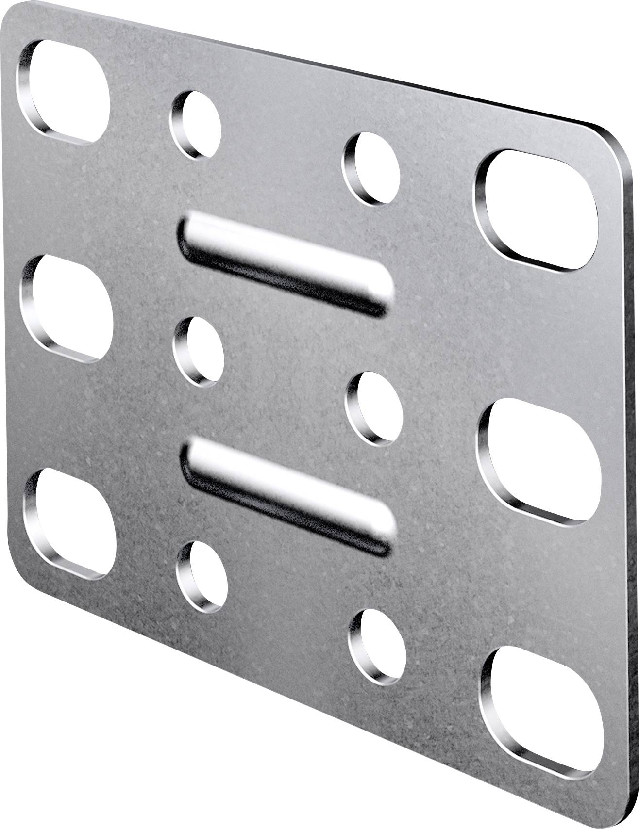 Metallplatte mit mehreren ovalen und runden Löchern, für Verbindungen oder Befestigungen.