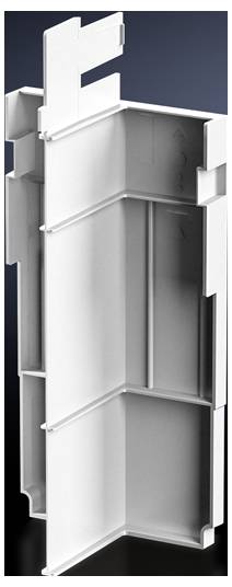 Metallisches Bauteil in vertikaler Ausrichtung, zeigt eine komplexe Innenstruktur mit mehreren Ebenen und Kanten, auf dunklem Hintergrund.