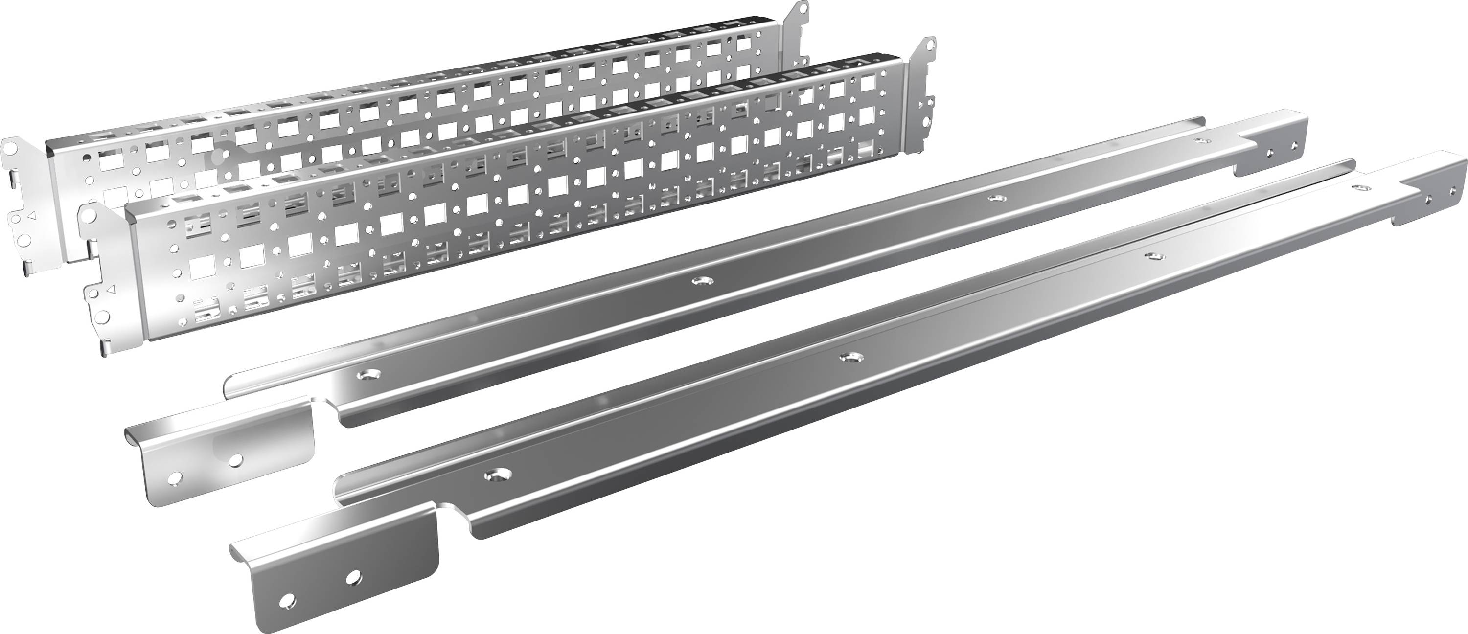 Metallschienen-Set in silberner Farbe, bestehend aus zwei längeren und zwei kürzeren perforierten Streben.