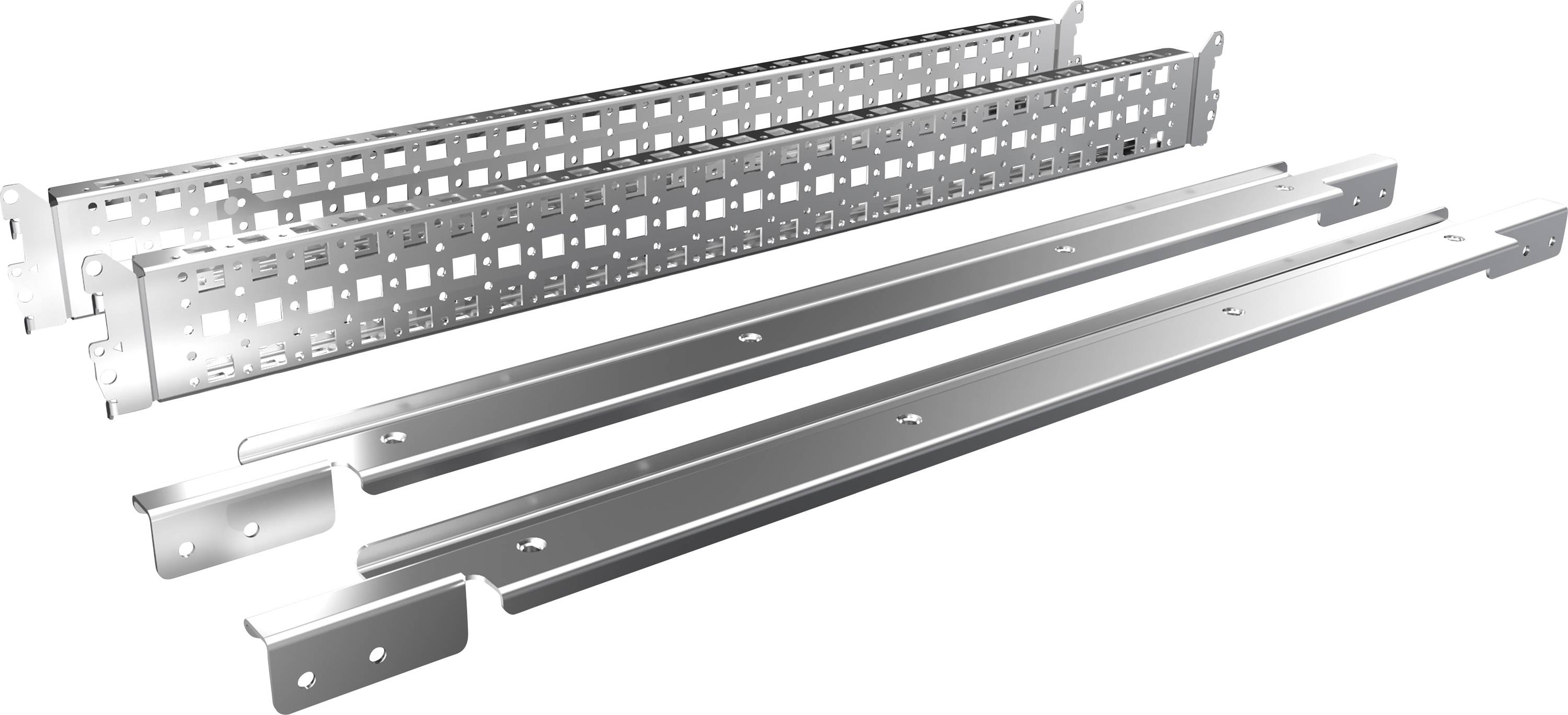 Metallschienen und -platten, möglicherweise Teile eines Montagesystems oder Regals, übereinander gestapelt und in silberner Farbe.