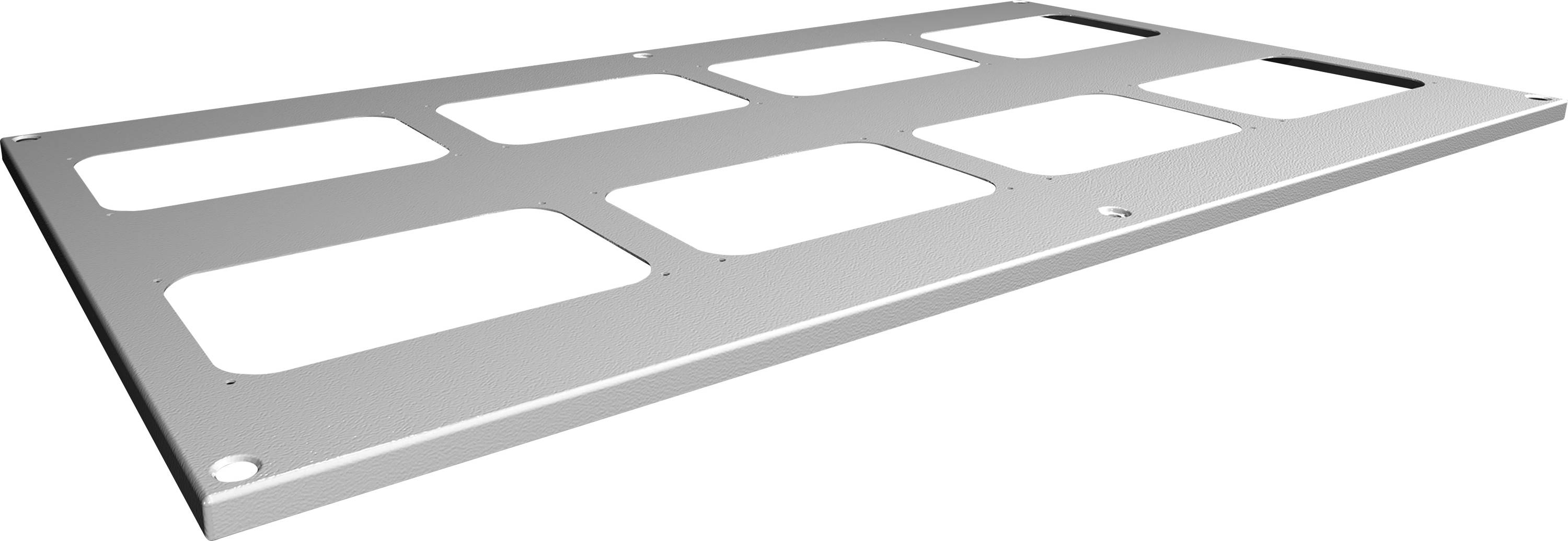 Metallplatte mit rechteckigen Ausschnitten und abgerundeten Ecken. Sie scheint Teil eines größeren technischen Geräts oder Gehäuses zu sein.