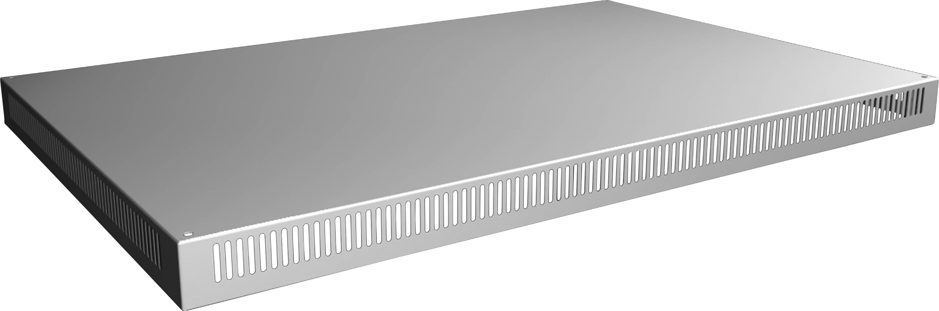 Ein flaches, rechteckiges Metallregal mit Lüftungsschlitzen an den Seiten, geeignet zur Montage in einem Server-Rack.
