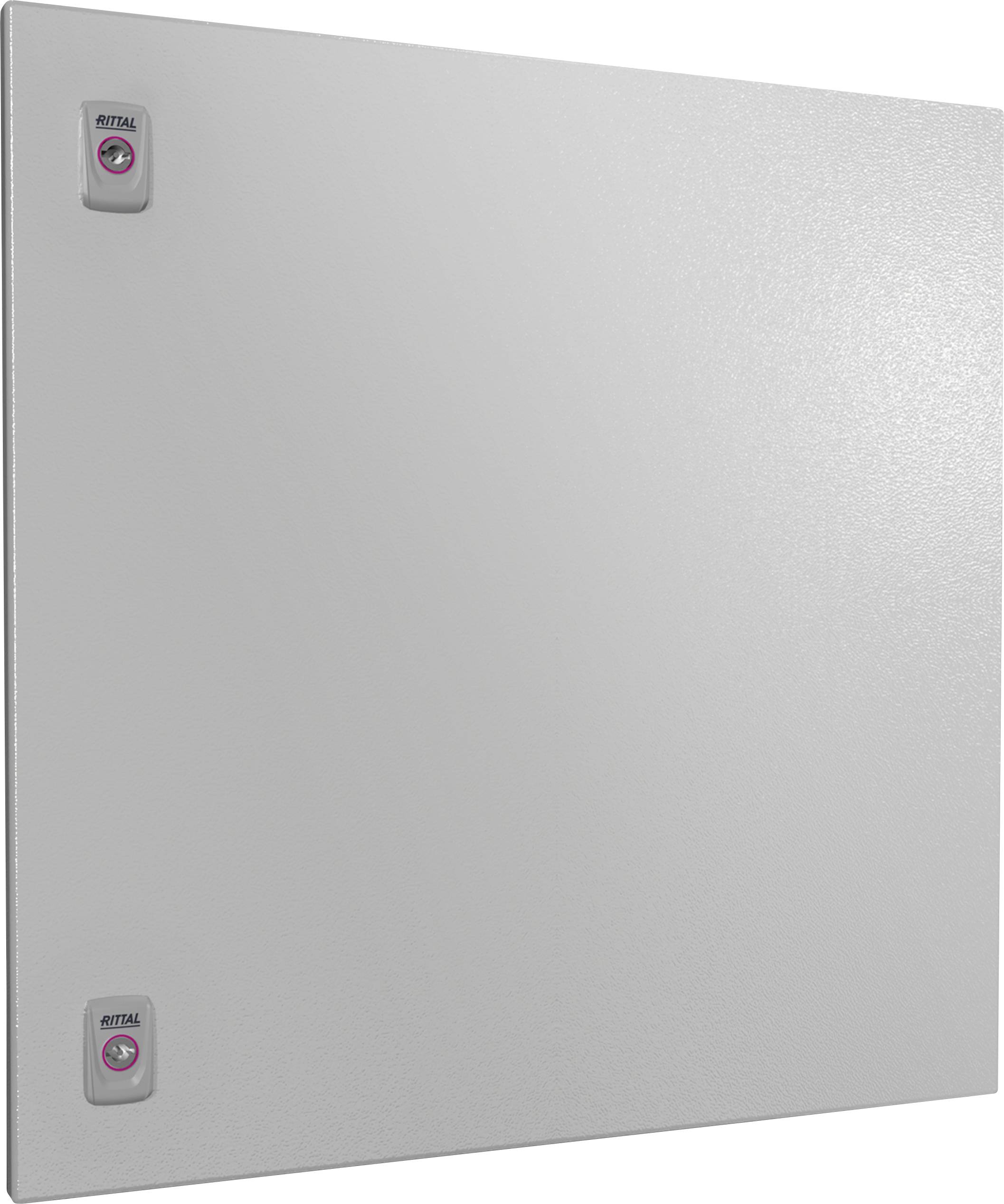 Rechteckige, graue Metallabdeckung mit zwei Riegeln an der linken Seite, jeweils mit der Aufschrift 'RITTAL'.