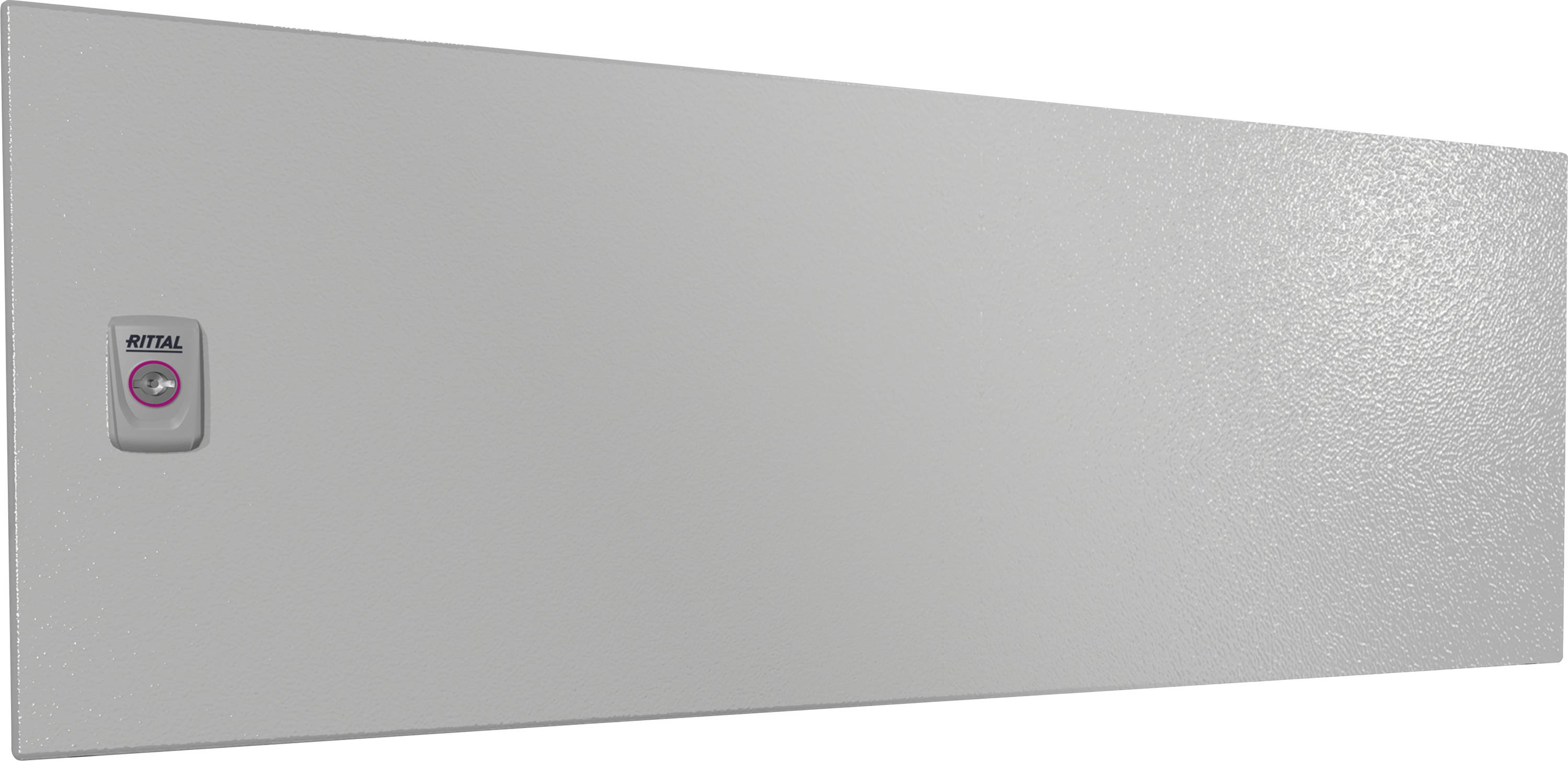 Graue Metalltür mit mattem Finish, Scharnieren an der Seite und einem kleinen rechteckigen Riegel mit der Aufschrift 'Rittal'.