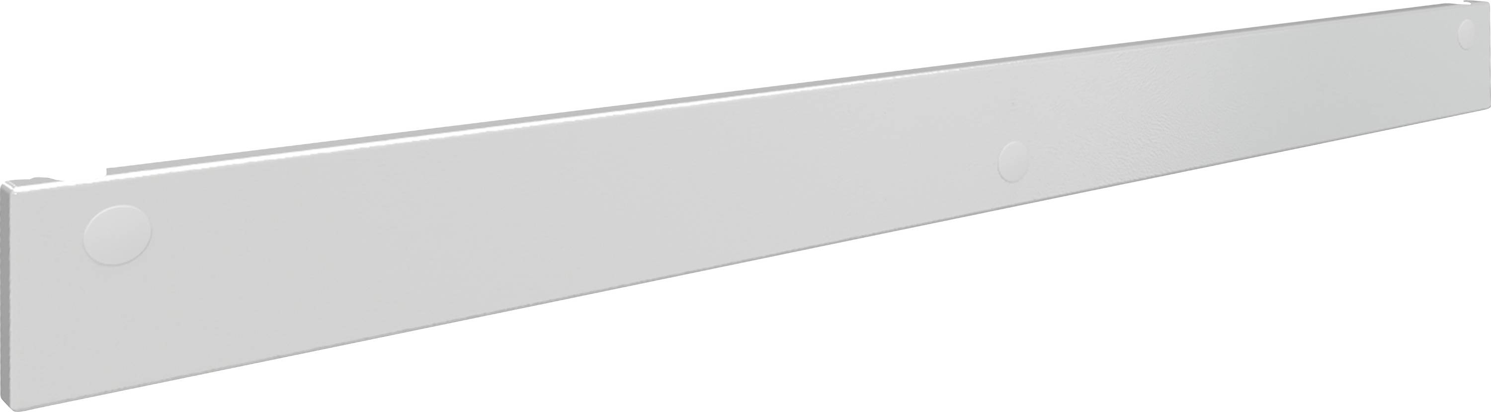 Weiße Abdeckblende aus Metall mit runder Abdeckung am Rand, geeignet zur Abdeckung von Rack-Schienen oder Regalen.