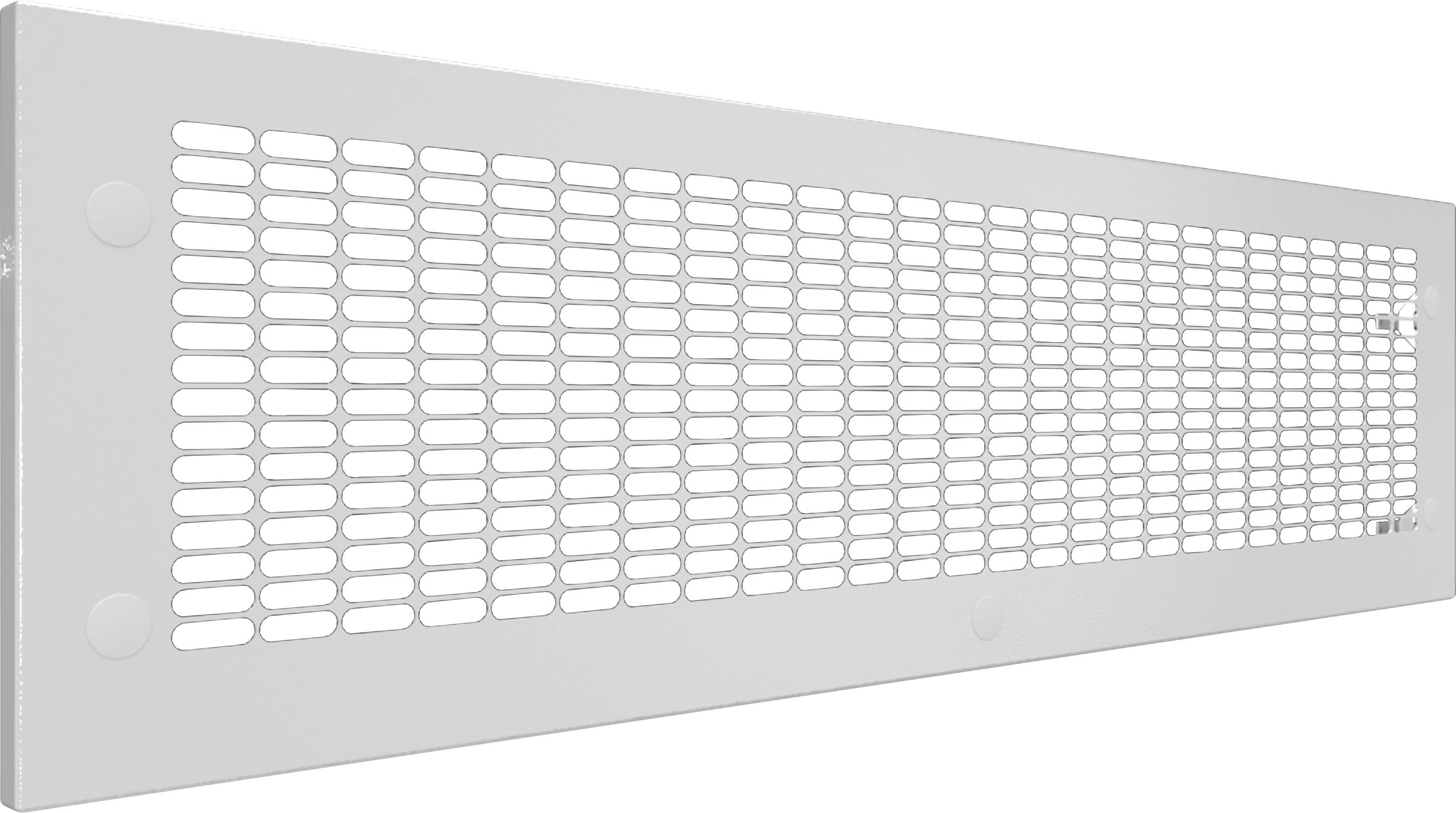 Weiße Lüftungsgitterplatte aus Metall mit länglichen Öffnungen, geeignet für Belüftungssysteme.