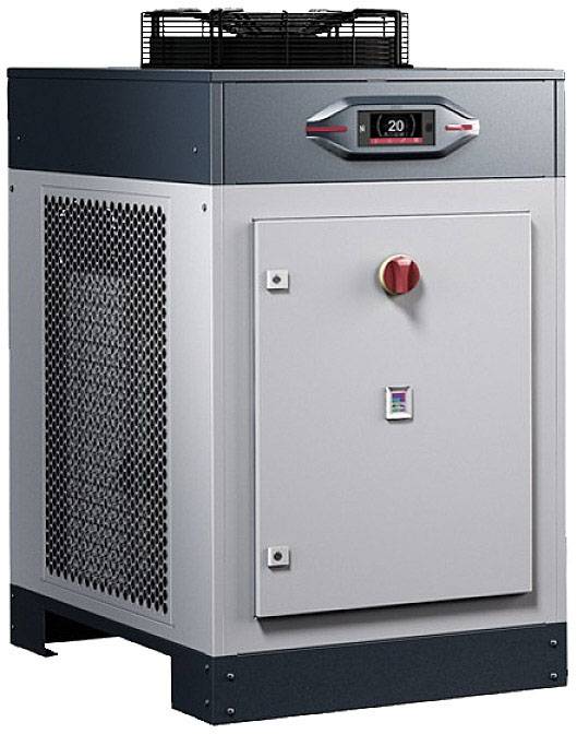 Ein grauer, industrieller Luftkompressor mit rotem Not-Aus-Knopf und digitaler Temperaturanzeige, 20 Grad Celsius angezeigt.