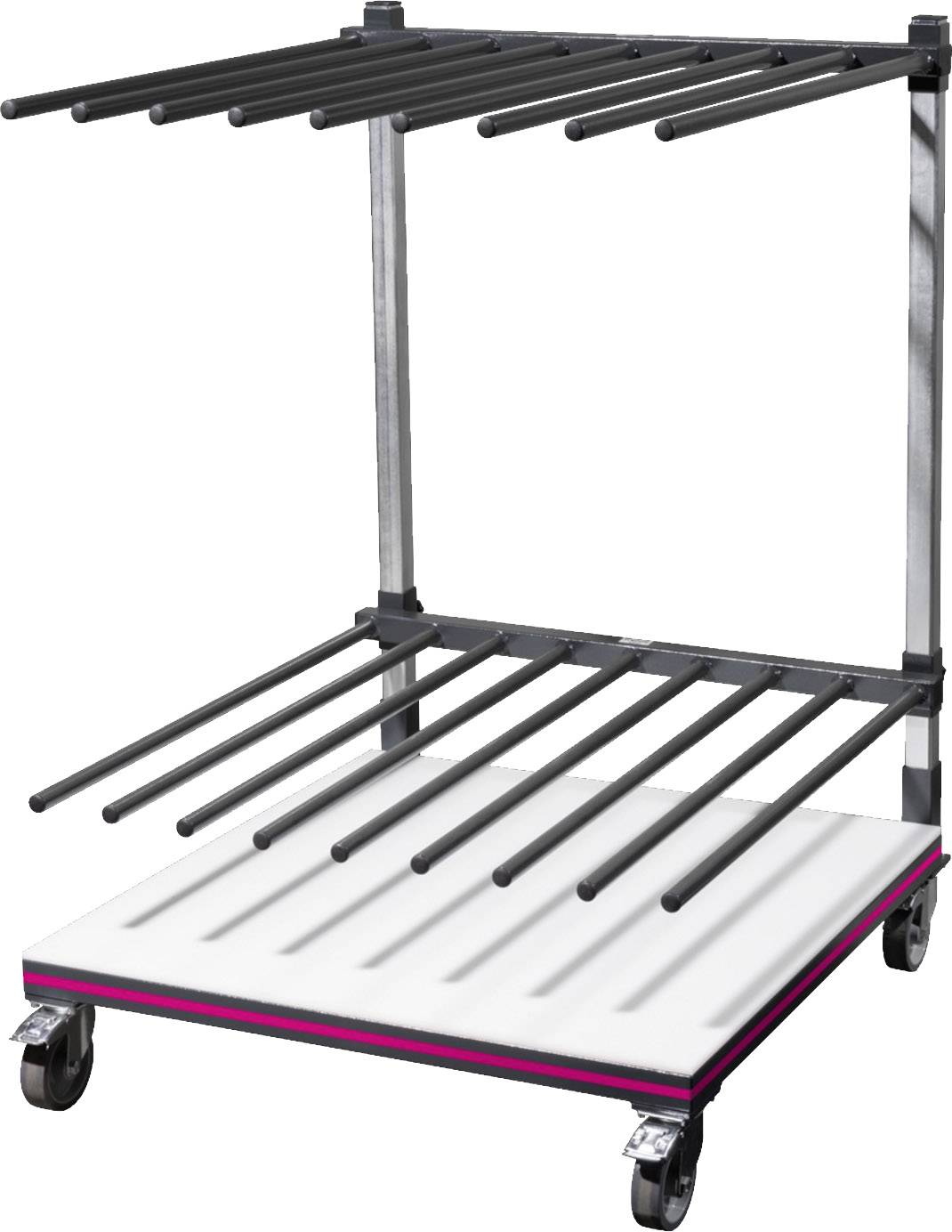 Ein mobiler Trocknungswagen mit mehreren horizontalen Stäben zum Trocknen oder Lagern von Objekten, ausgestattet mit Rollen.