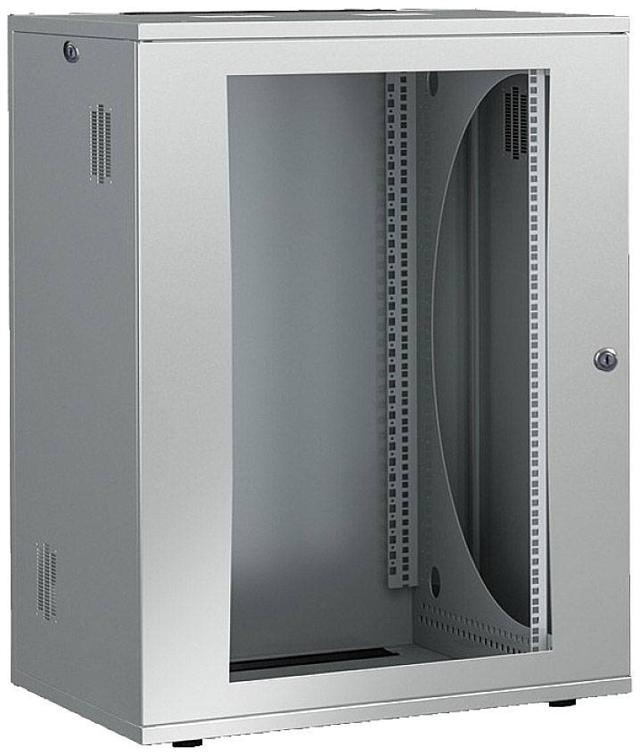 Ein graues, stehendes Server-Rack-Gehäuse mit durchsichtiger Fronttür, geeignet zur Unterbringung von Netzwerkausrüstung in Büroumgebungen.